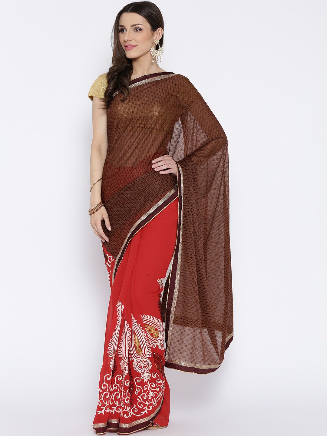 RAJORI Brown & Red Georgette Embroidered Saree