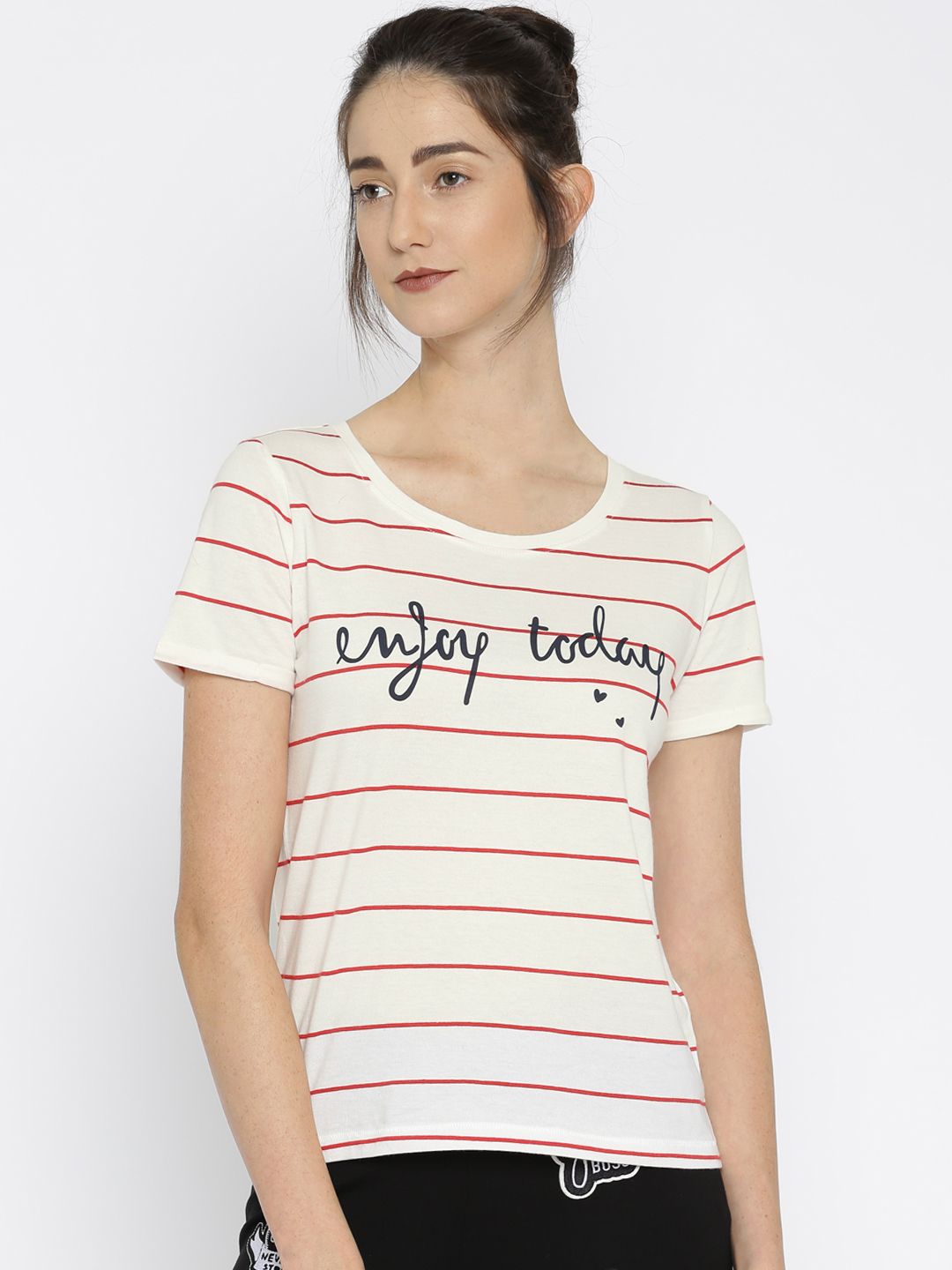 ONLY Women Off-White  Red Striped Pure Cotton T-shirt
