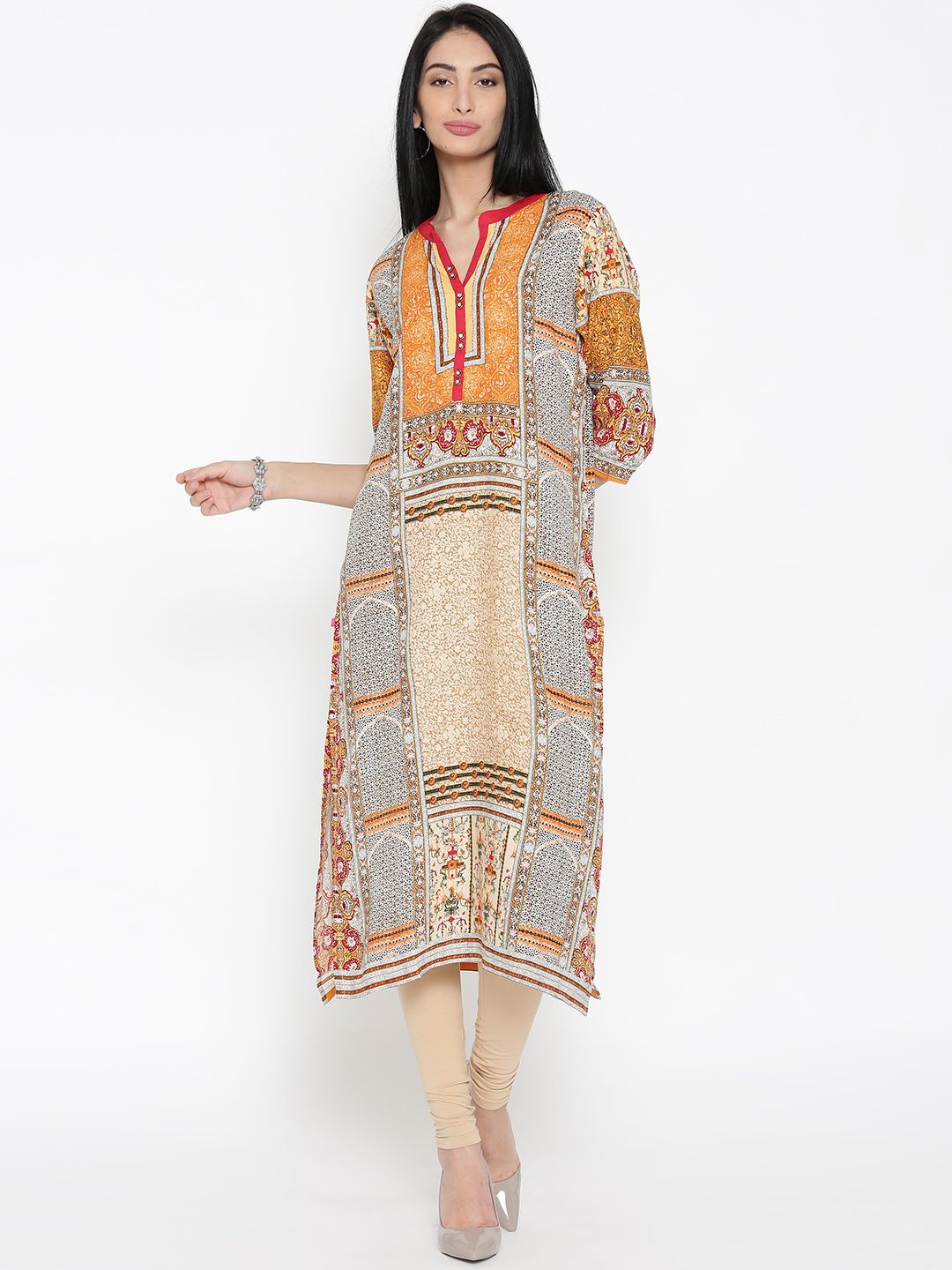 Shree Women Beige & Yellow Printed Straight Kurta