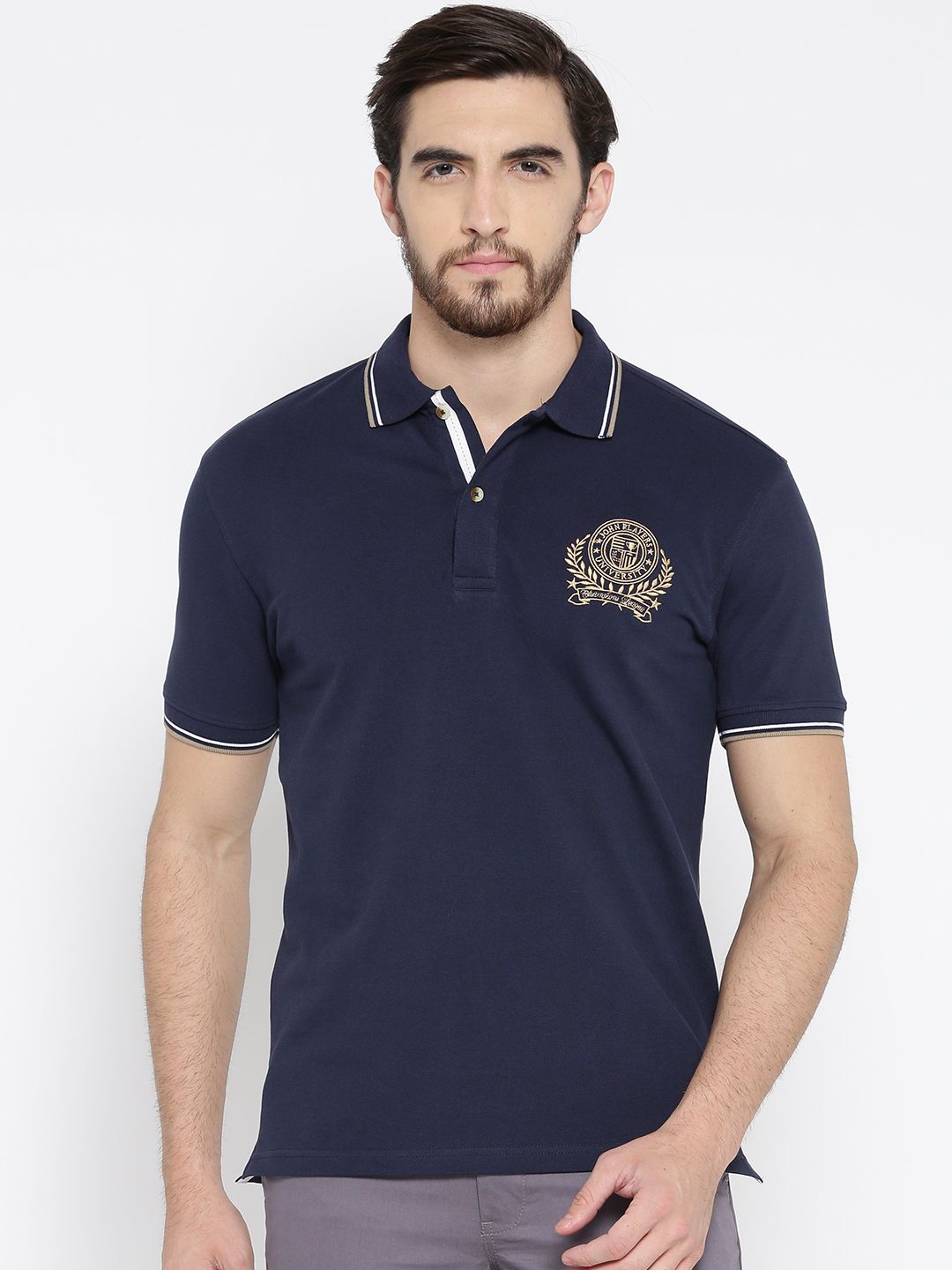 John Players Men Navy Solid Slim Polo Collar T-shirt