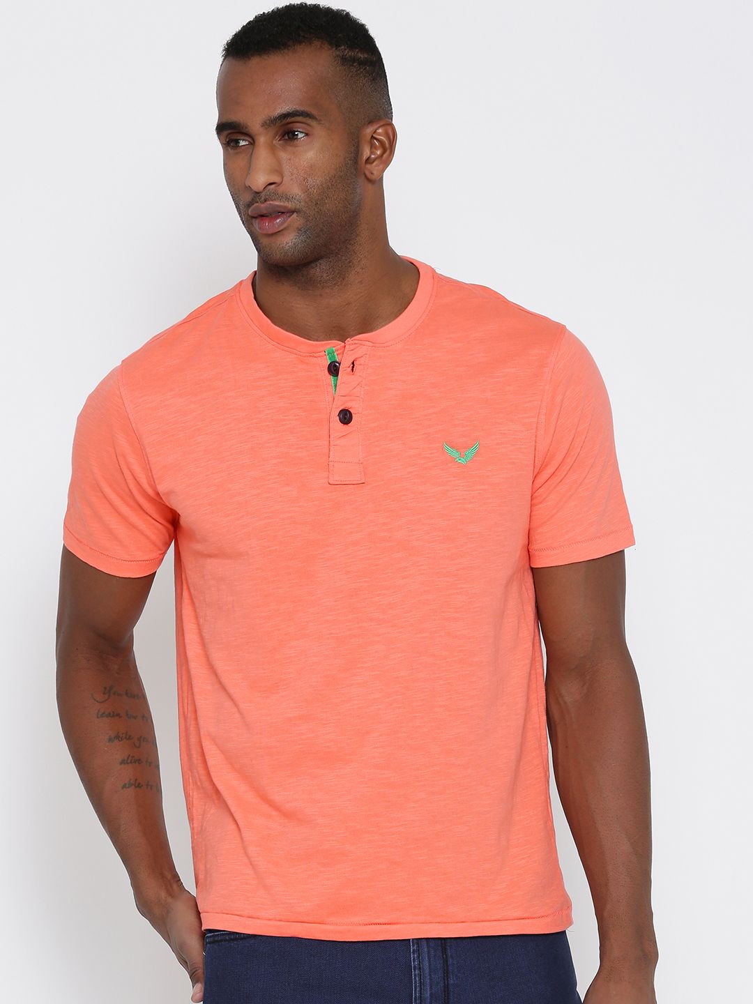 URBAN EAGLE by Pantaloons Men Coral Pink Solid Henley Neck T-shirt