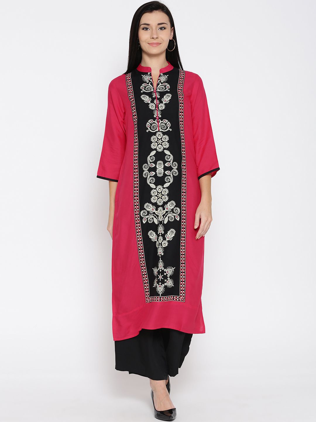 Sabhyata Women Pink & Black Printed Straight Kurta