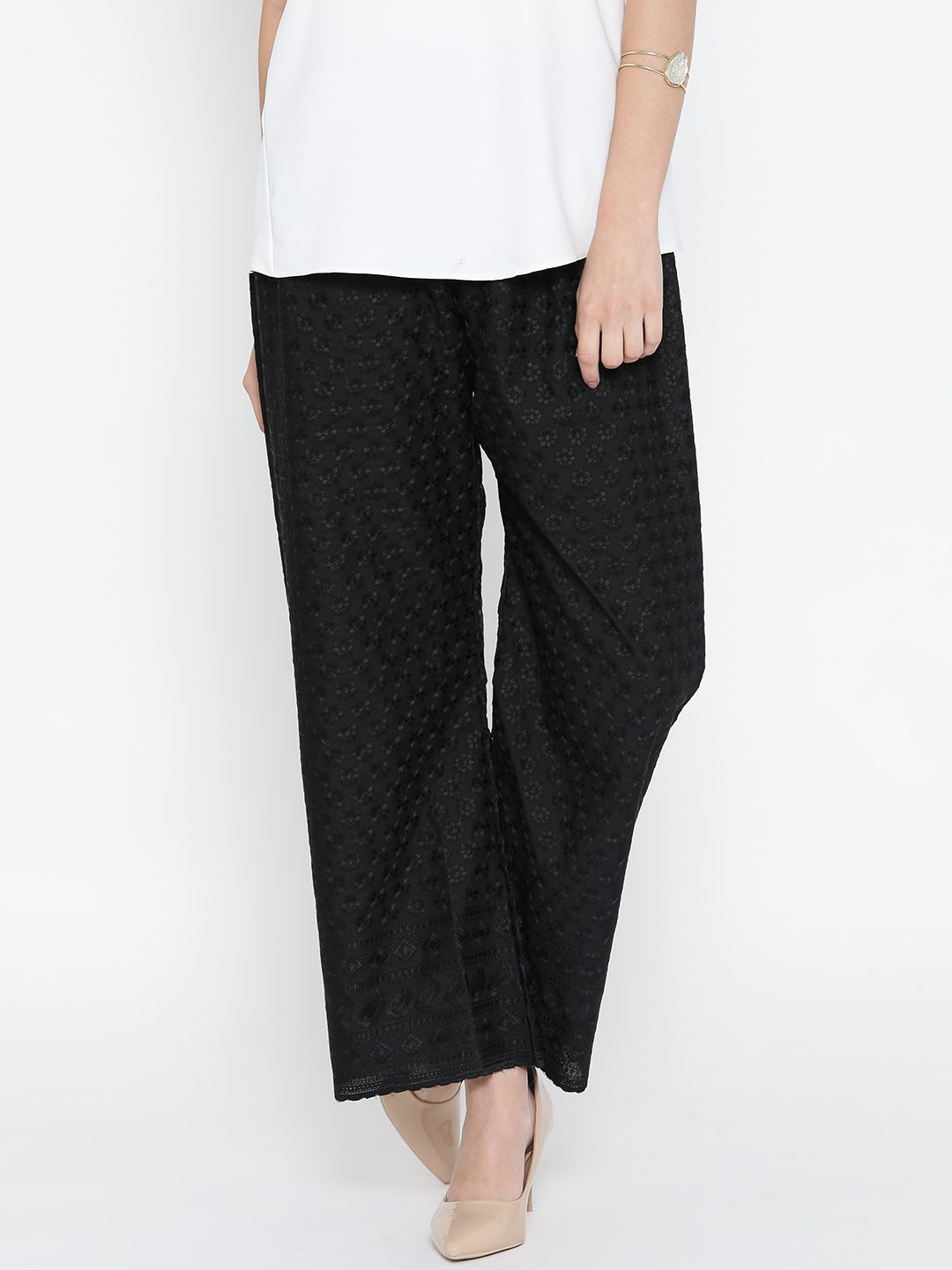Sabhyata Women Black Embroidered Parallel Trousers