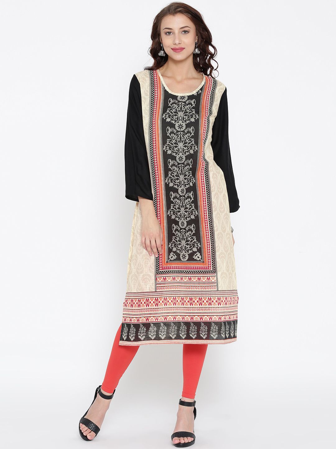 Sabhyata Women Beige & Black Printed Straight Kurta
