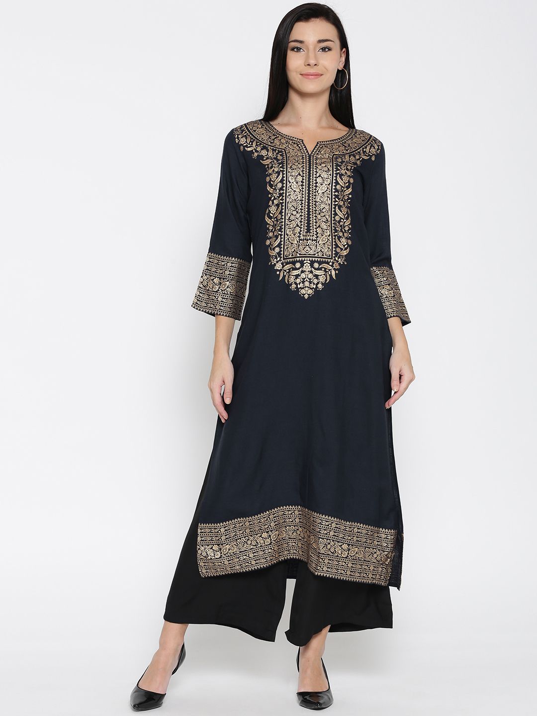 Sabhyata Women Navy Blue Printed Straight Kurta