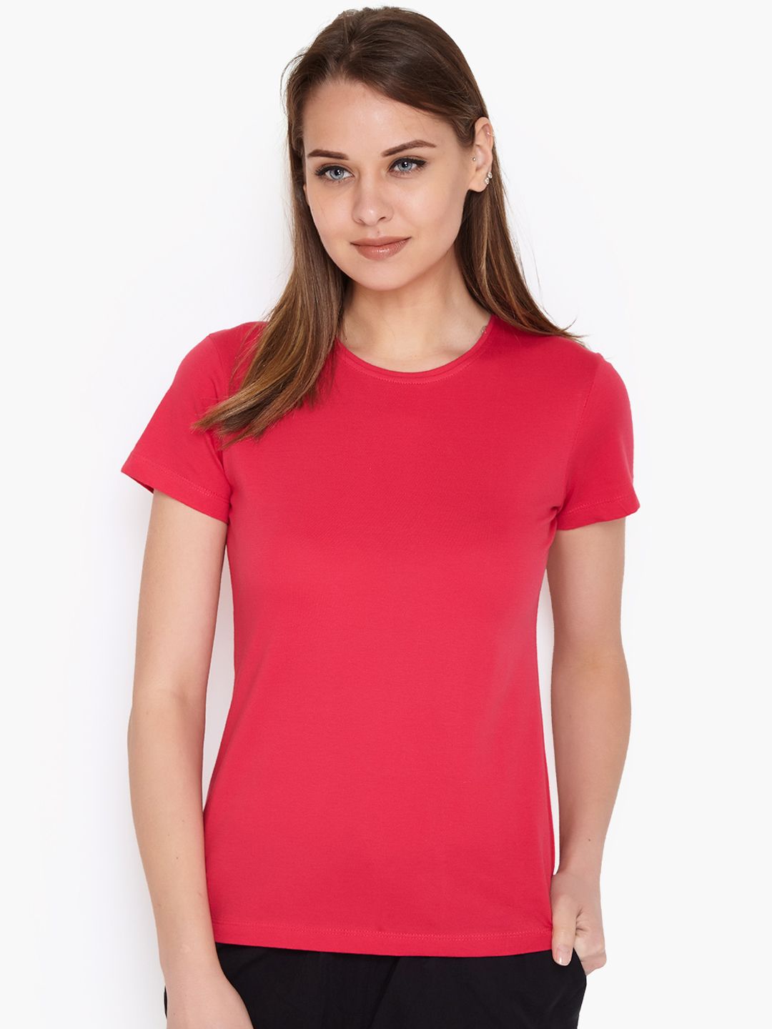 Alibi Women Pink Solid Round Neck T-shirt