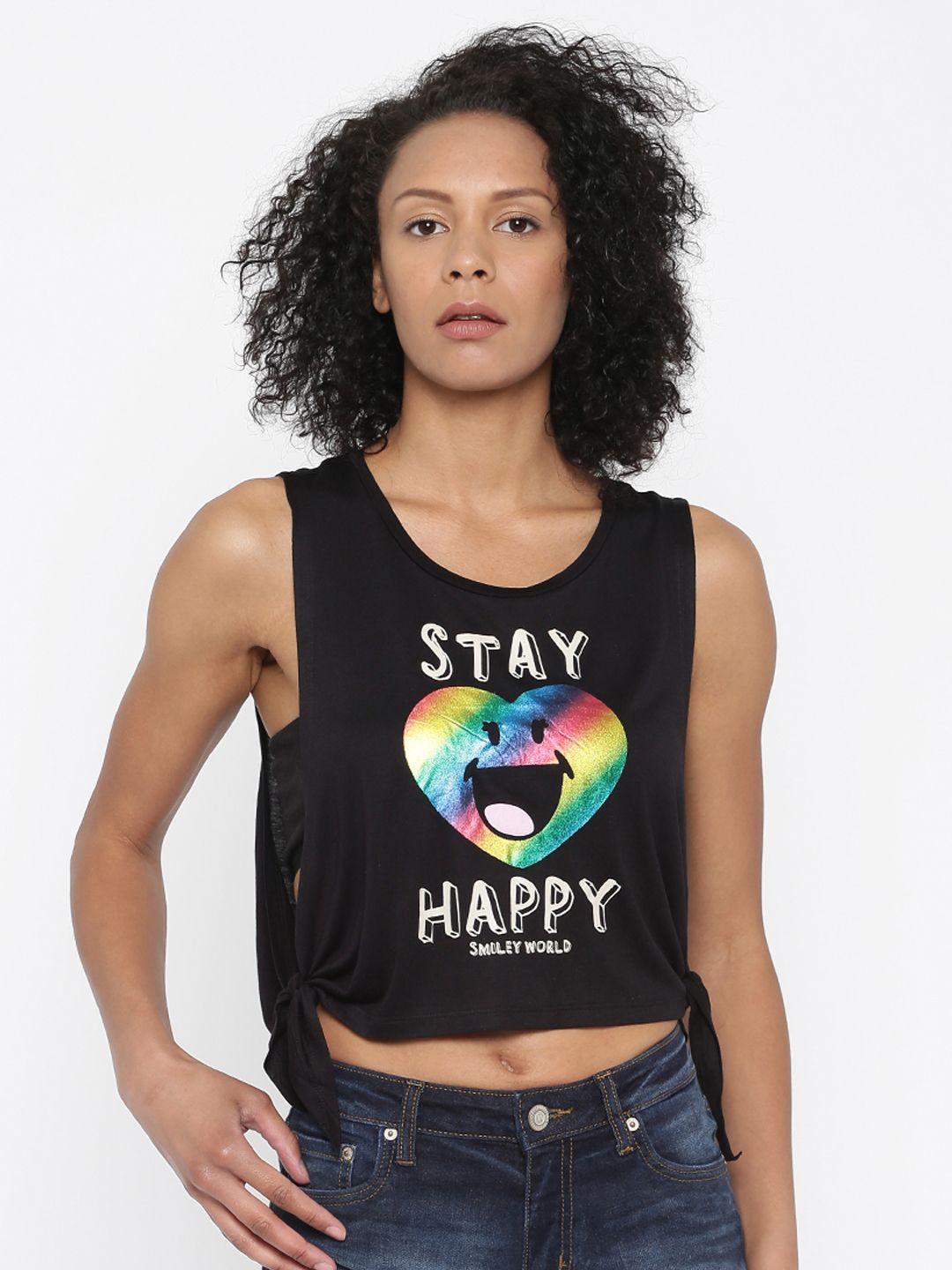 SmileyWorld Women Black Printed Crop Top