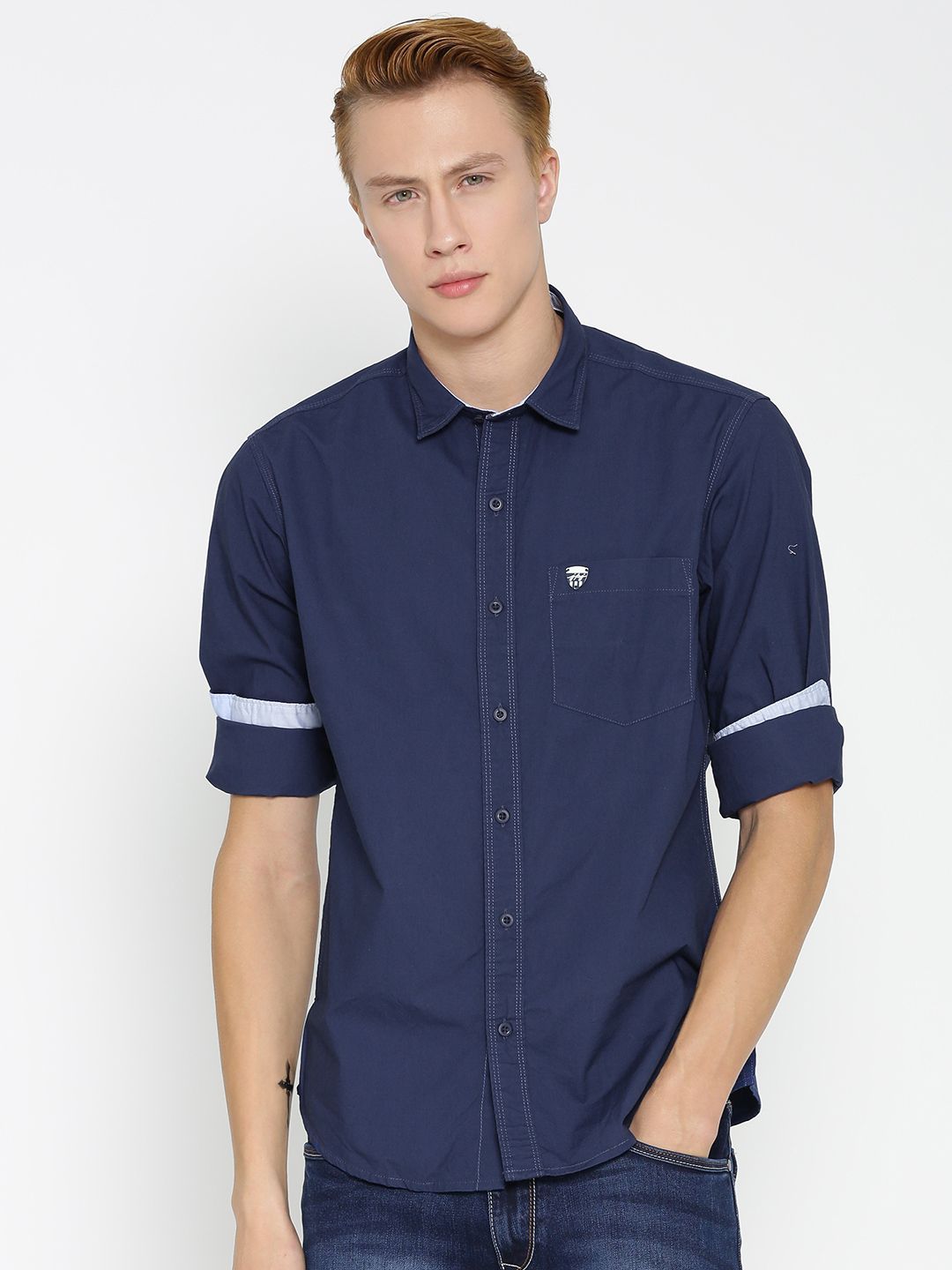 John Players Men Navy Blue Trim Fit Solid Casual Shirt