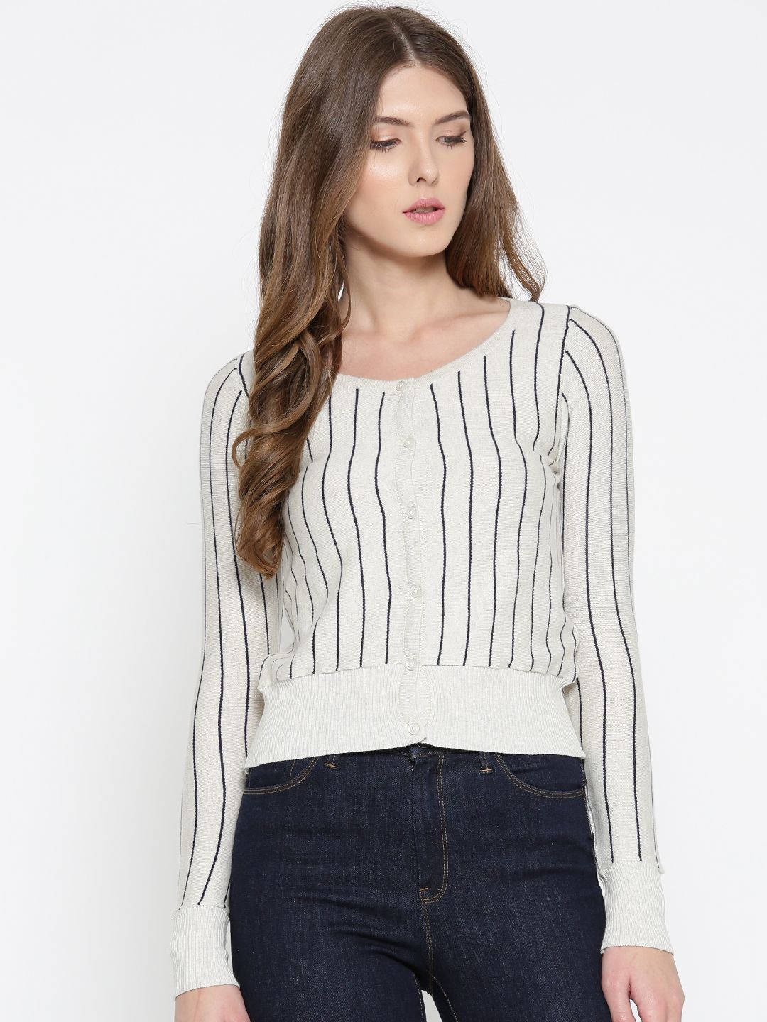 Wills Lifestyle Women Off-White & Navy Blue Striped Cardigan