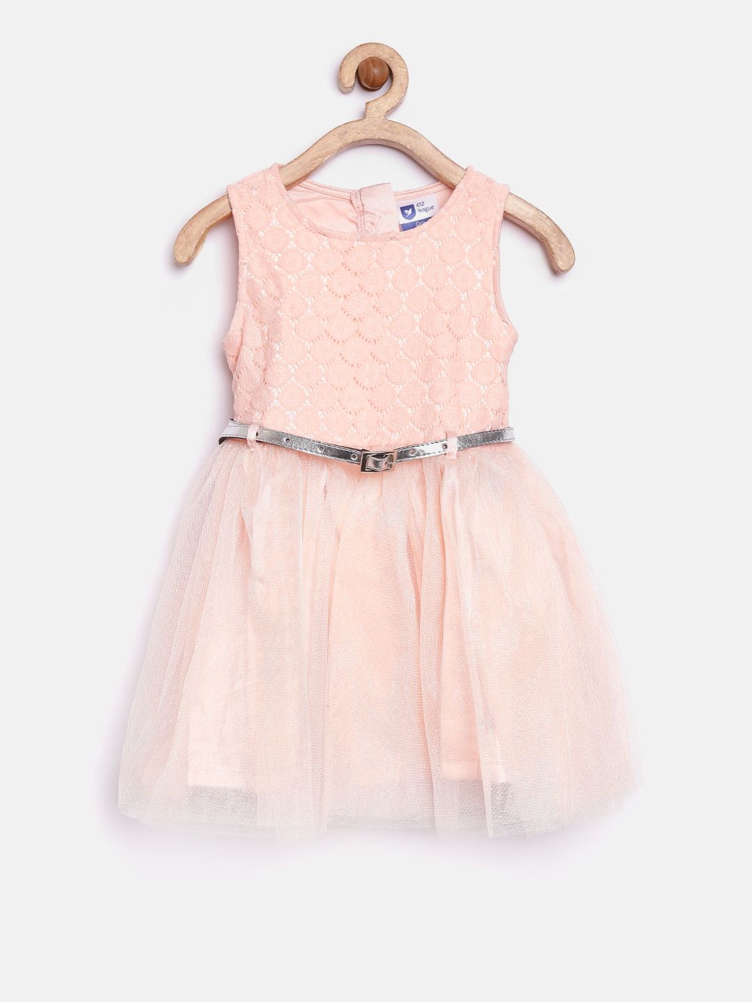 612 league Girls Peach-Coloured Self-Design Lace Fit & Flare Dress