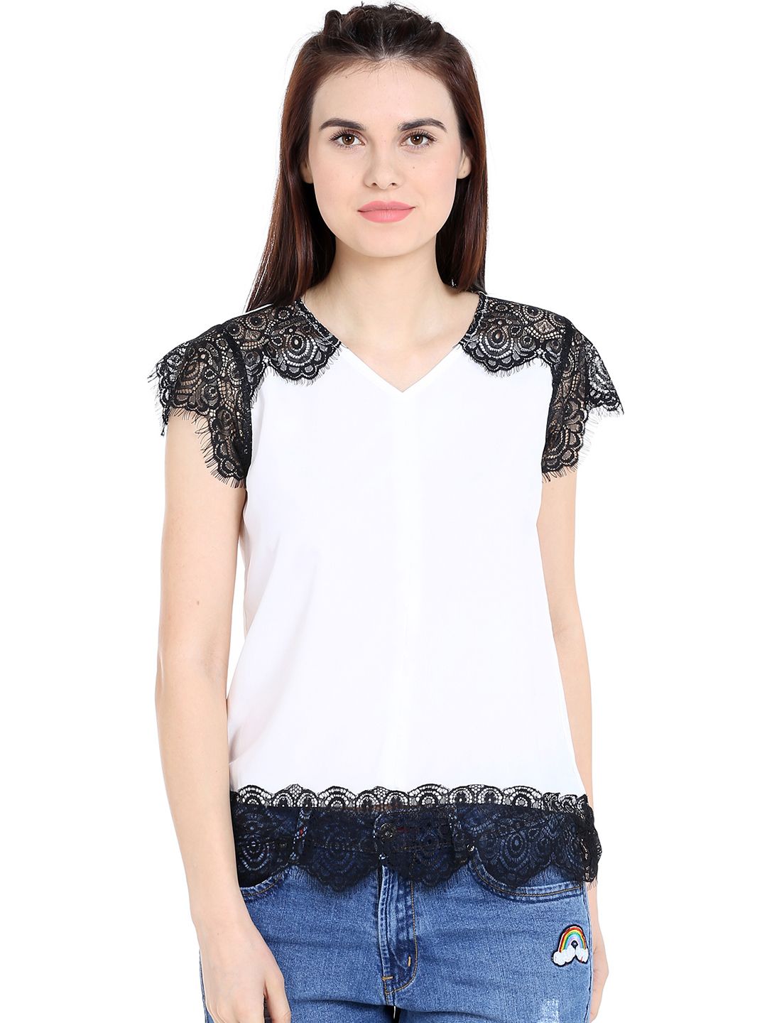 TARAMA Women Off-White & Black Solid Lace Detail Top