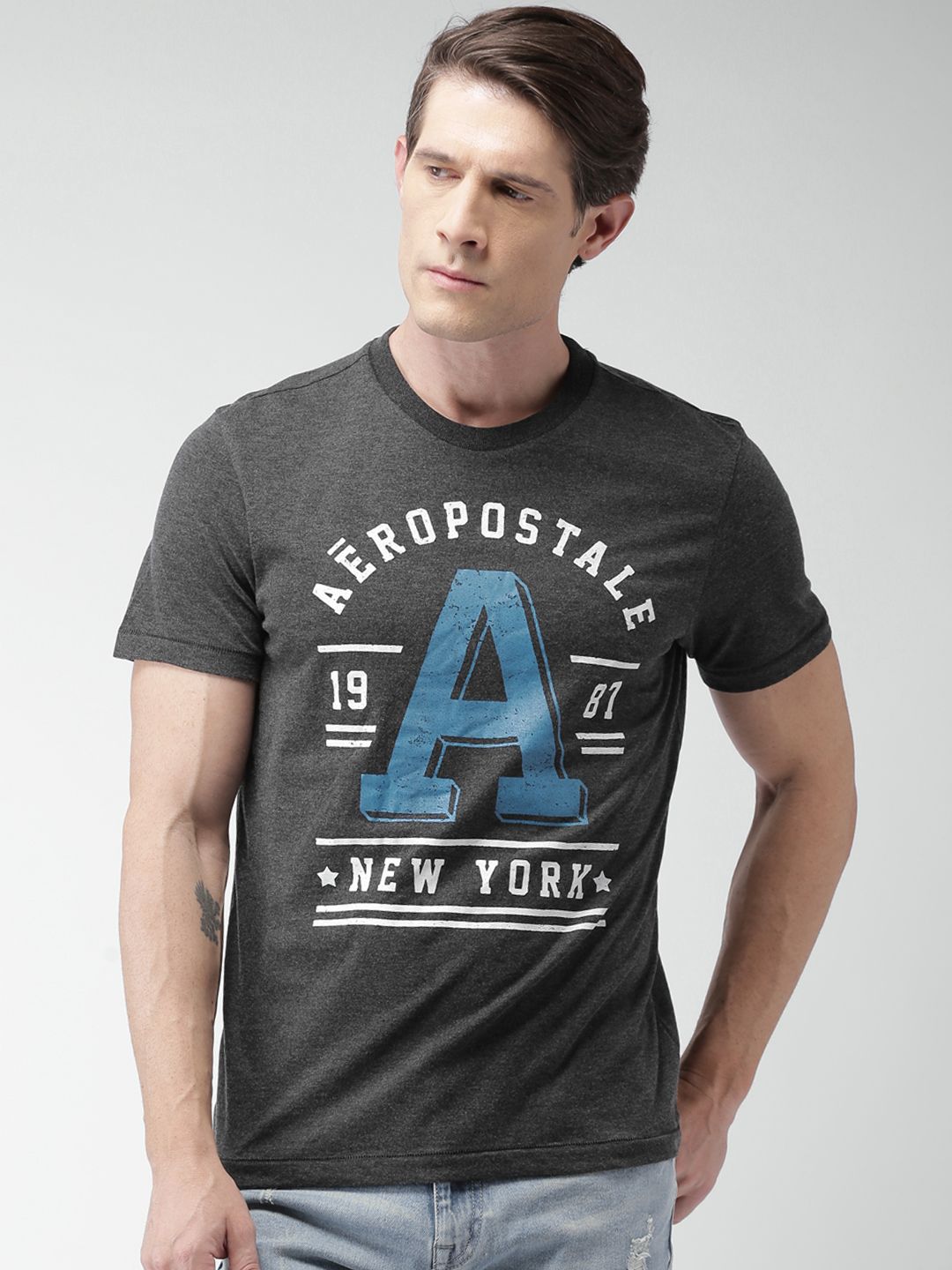 Aeropostale Men Charcoal Grey Printed Round Neck T-shirt