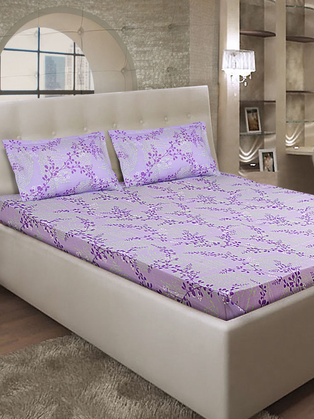 BOMBAY DYEING Purple 120 TC Polycotton Double Bedsheet with 2 Pillow Covers