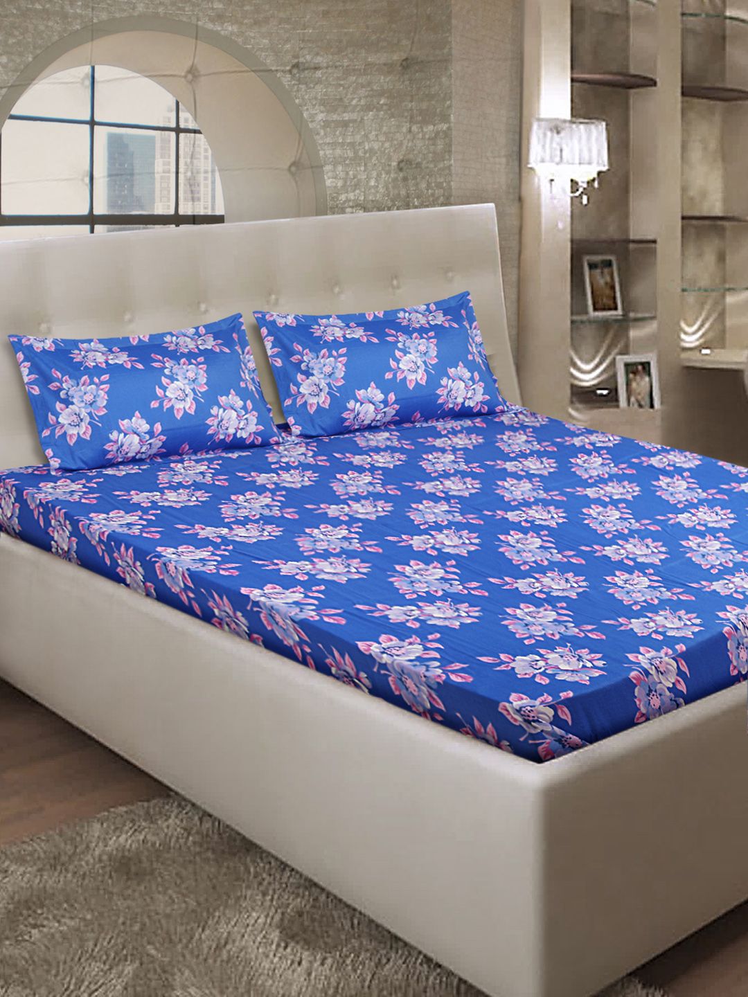 BOMBAY DYEING Blue & Pink 120 TC Polycotton Double Bedsheet with 2 Pillow Covers