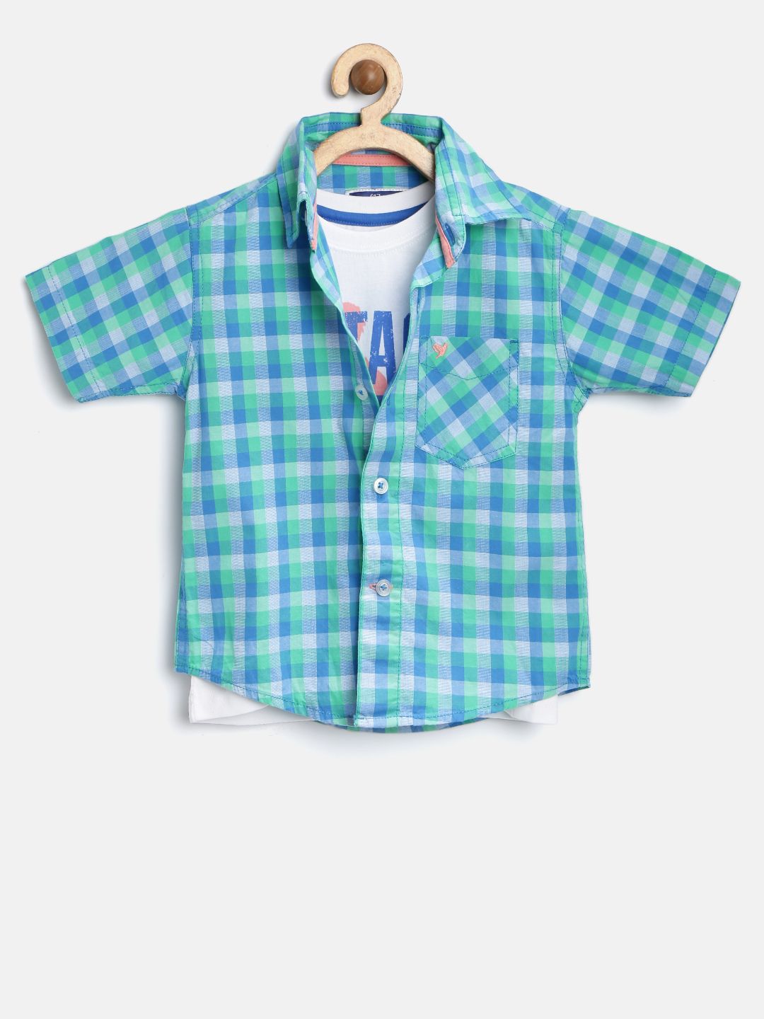 612 league Boys Blue & Green Checked Shirt with T-shirt