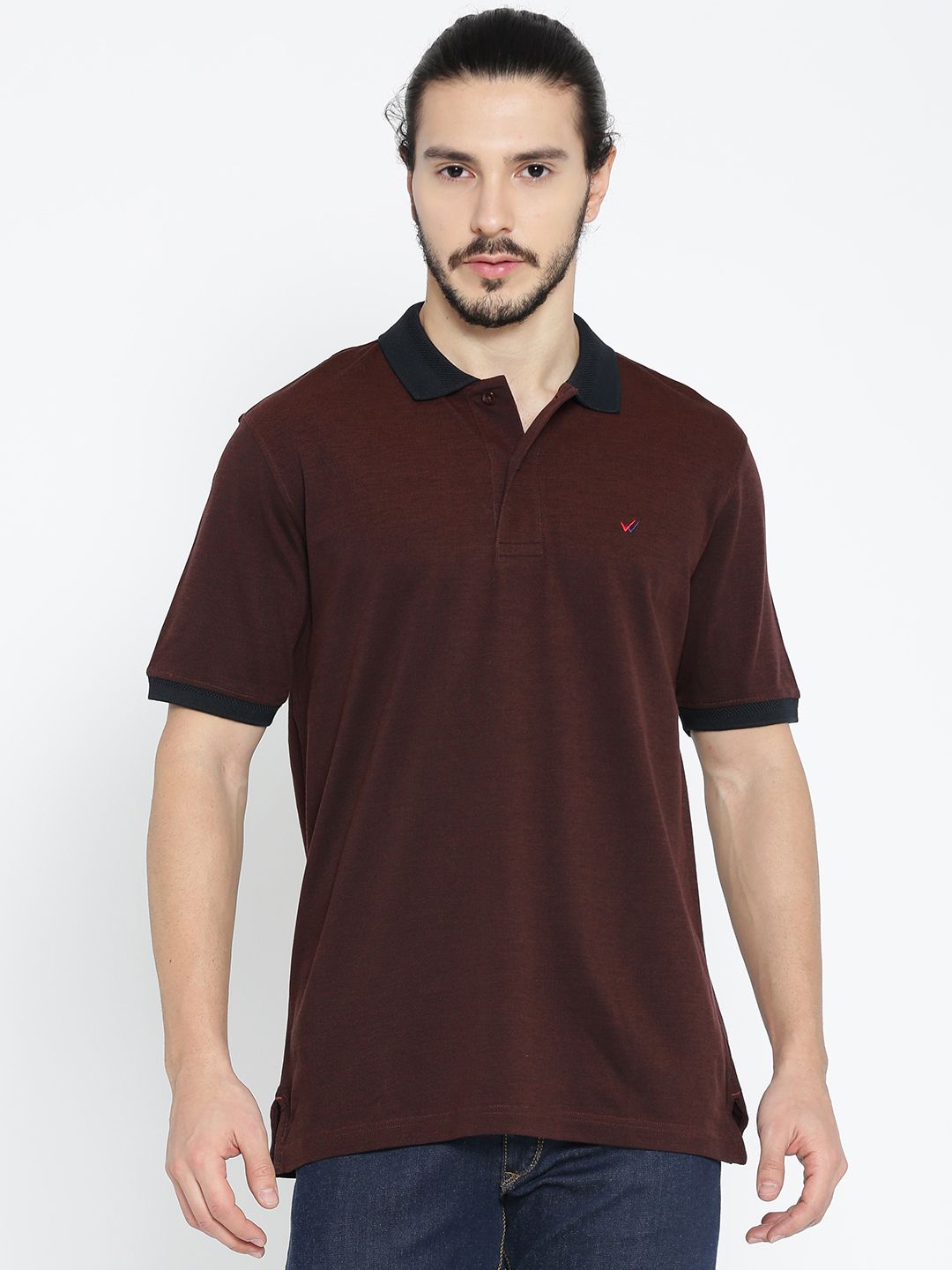 Wills Lifestyle Men Brown Solid Polo Collar Pure Cotton T-shirt