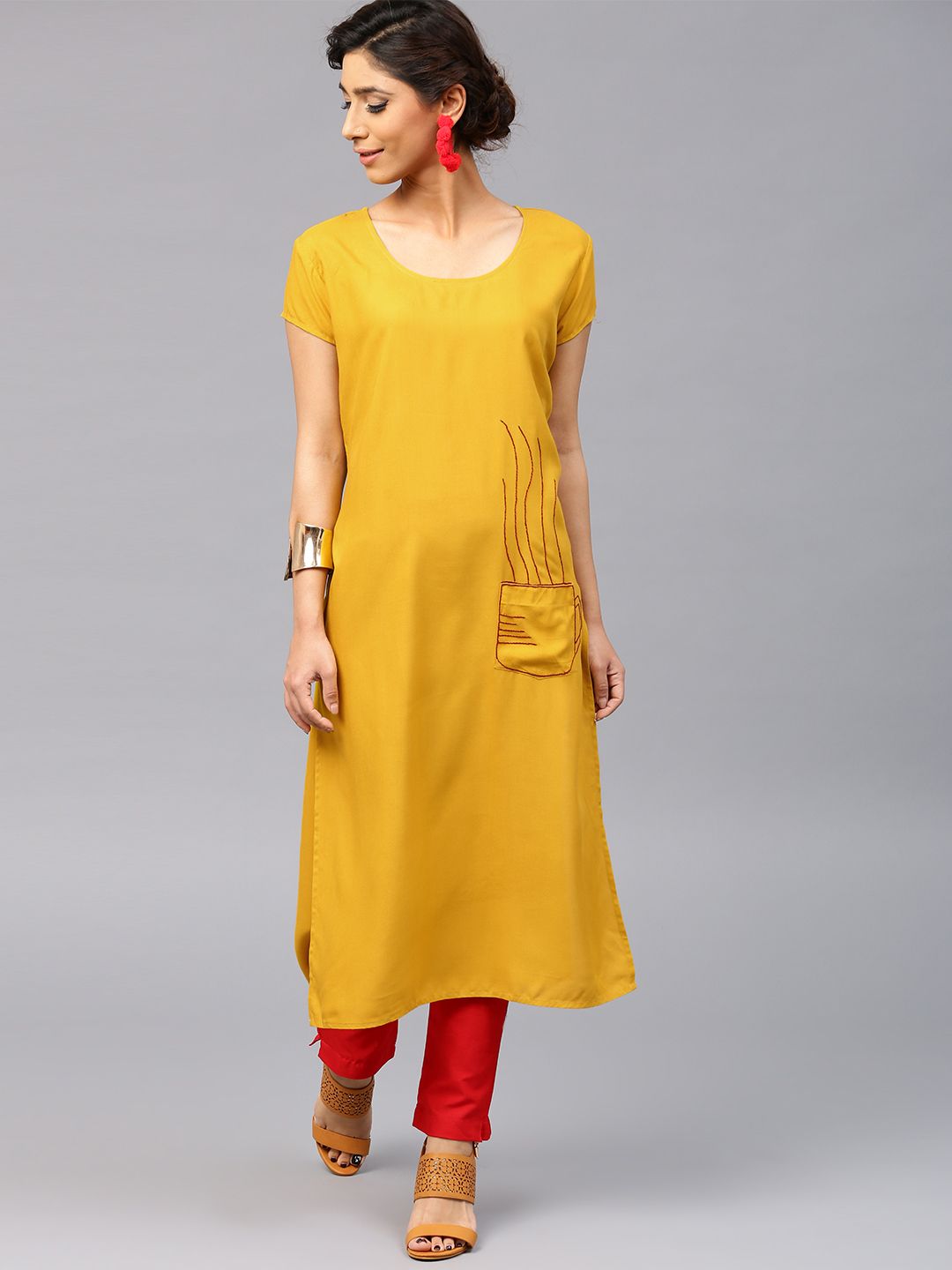 AKS Women Mustard Yellow Solid Straight Kurta