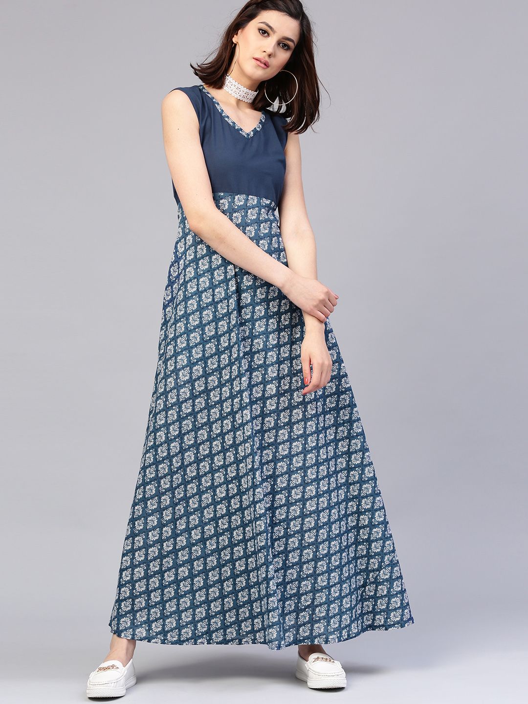 AKS Women Blue Printed Maxi Dress
