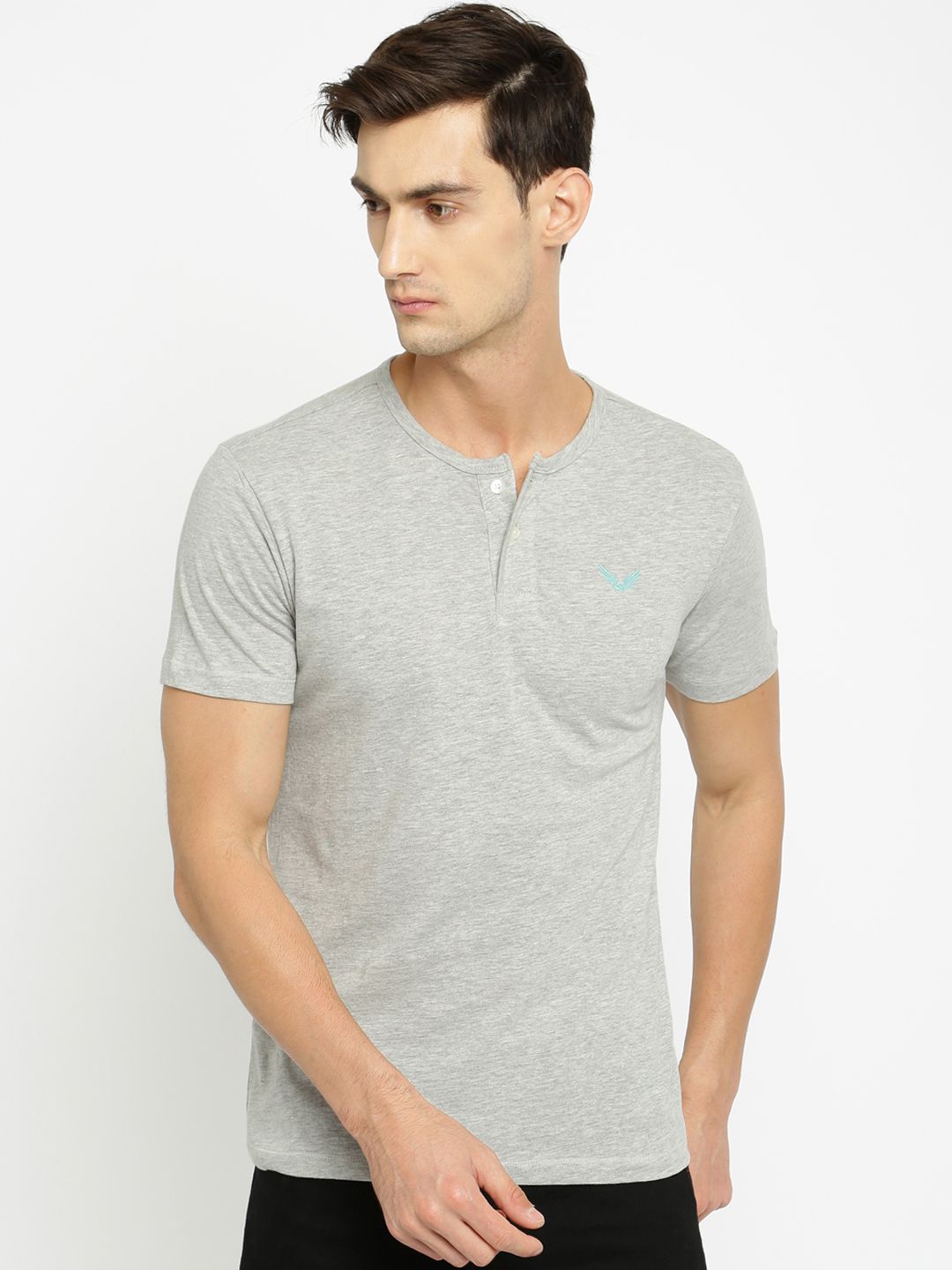 URBAN EAGLE by Pantaloons Men Grey Melange Solid Henley Neck T-shirt