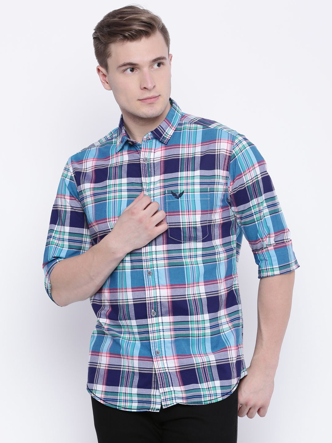 URBAN EAGLE by Pantaloons Men Blue & Purple Checked Regular Fit Casual Shirt