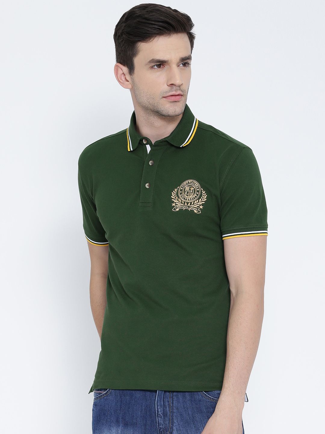John Players Men Green Solid Slim Polo Collar T-shirt