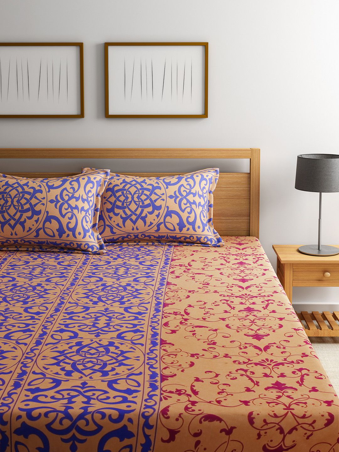 BOMBAY DYEING Orange & Blue 140 TC Cotton Double Bedsheet with 2 Pillow Covers