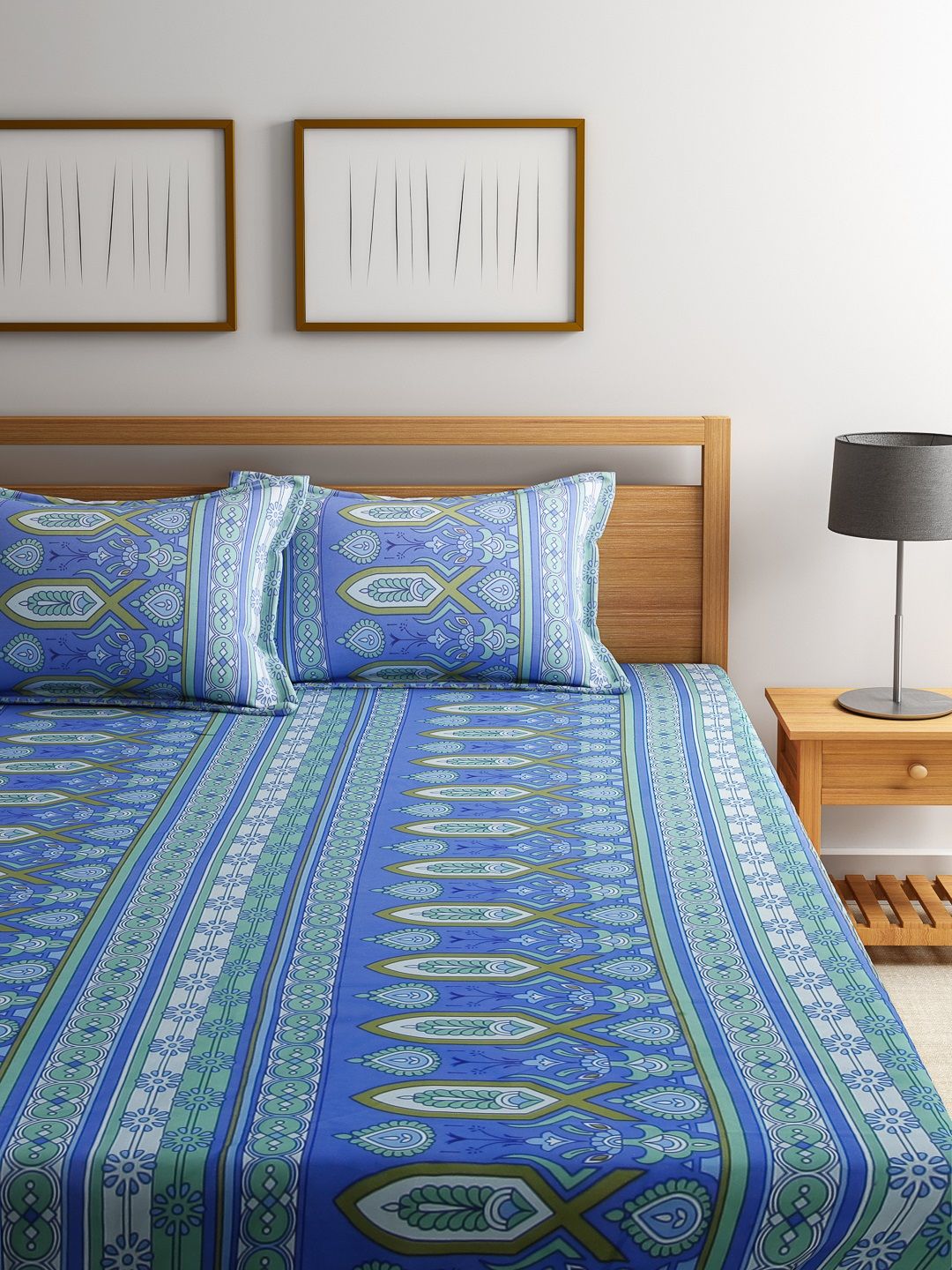 BOMBAY DYEING Blue 120 TC Cotton Double Bedsheet with 2 Pillow Covers