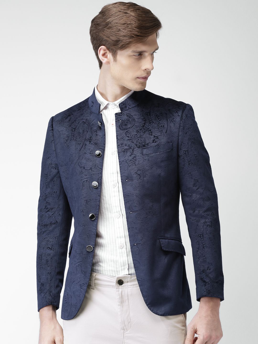 INVICTUS Navy Jacquard Slim Fit Formal Blazer