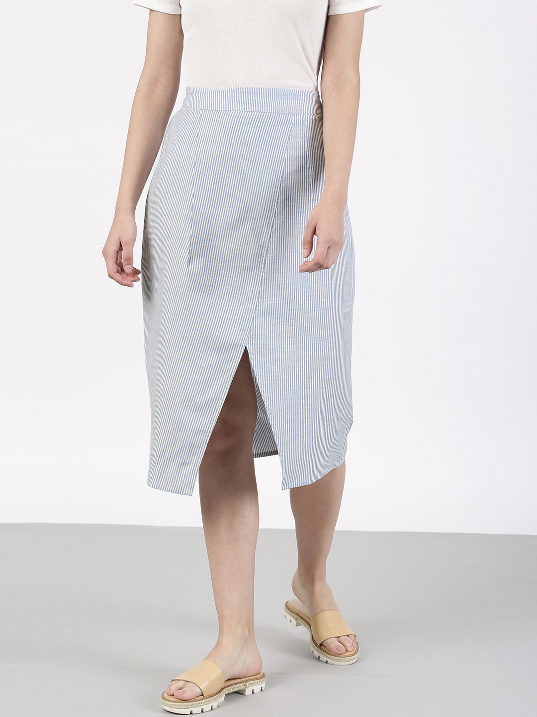 ether Blue & White Striped A-Line Pure Cotton Skirt