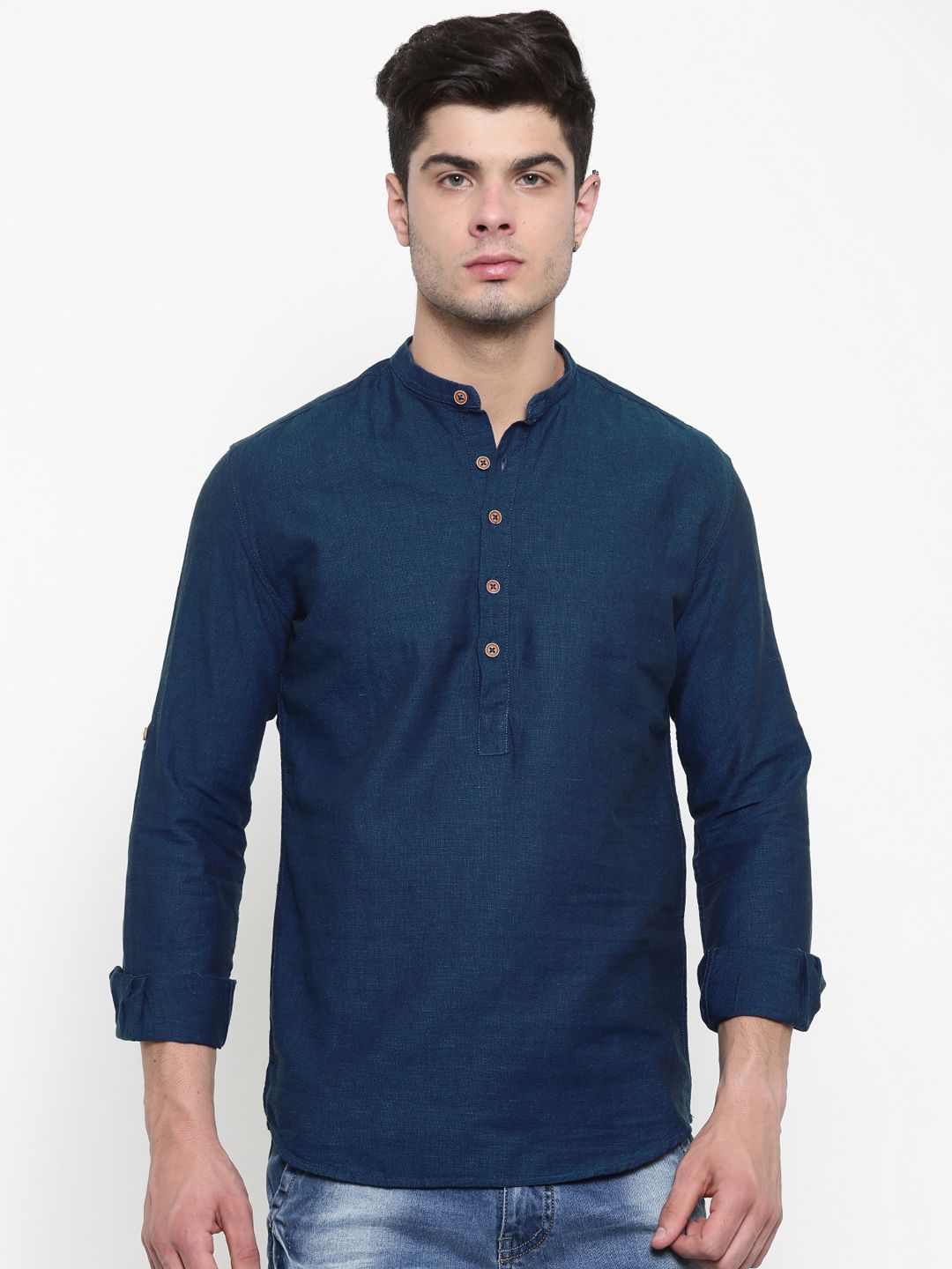 British Club Men Blue Solid Straight Kurta