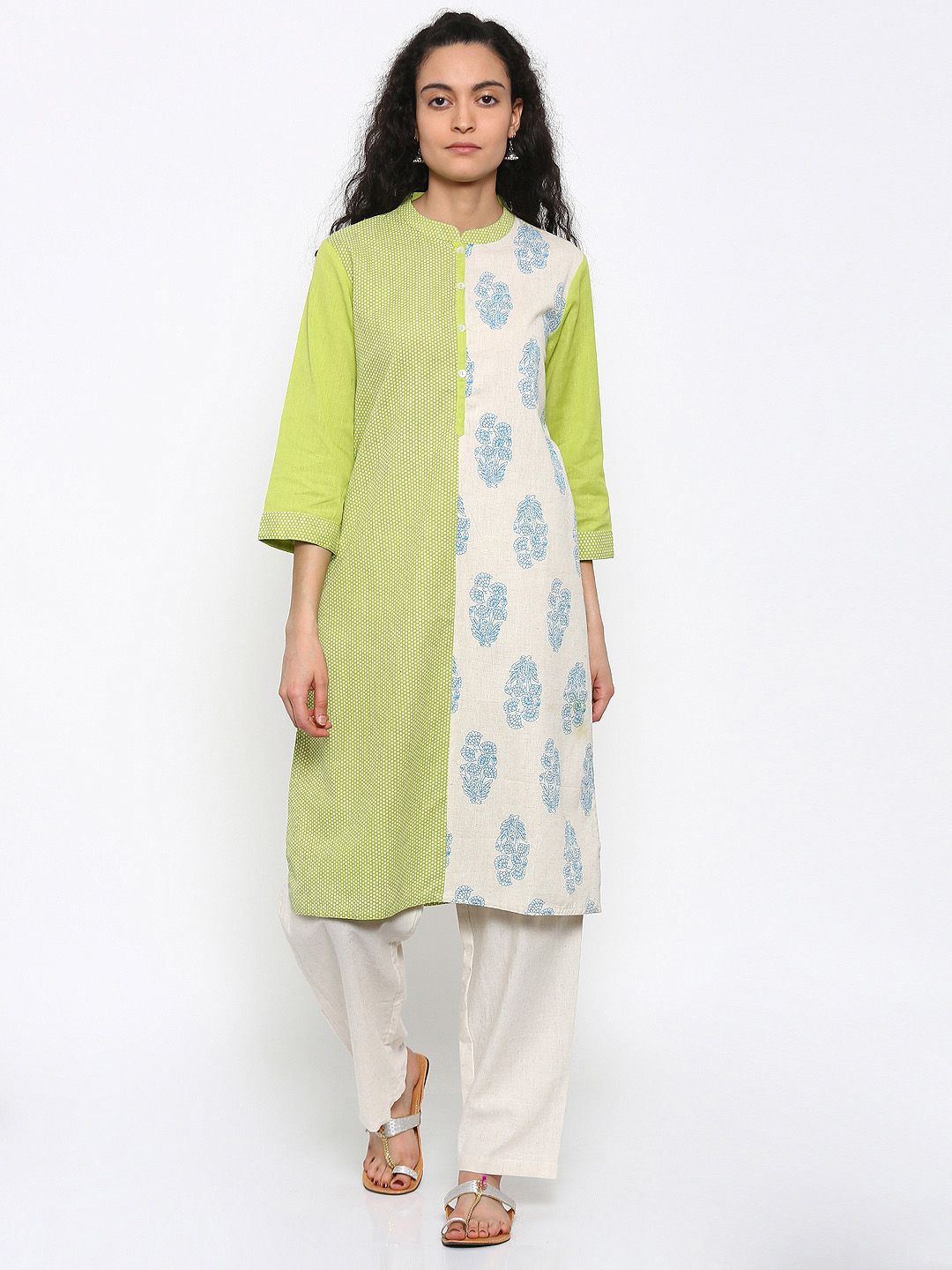 RANGMANCH BY PANTALOONS Women Green & Off-White Printed Straight Kurta