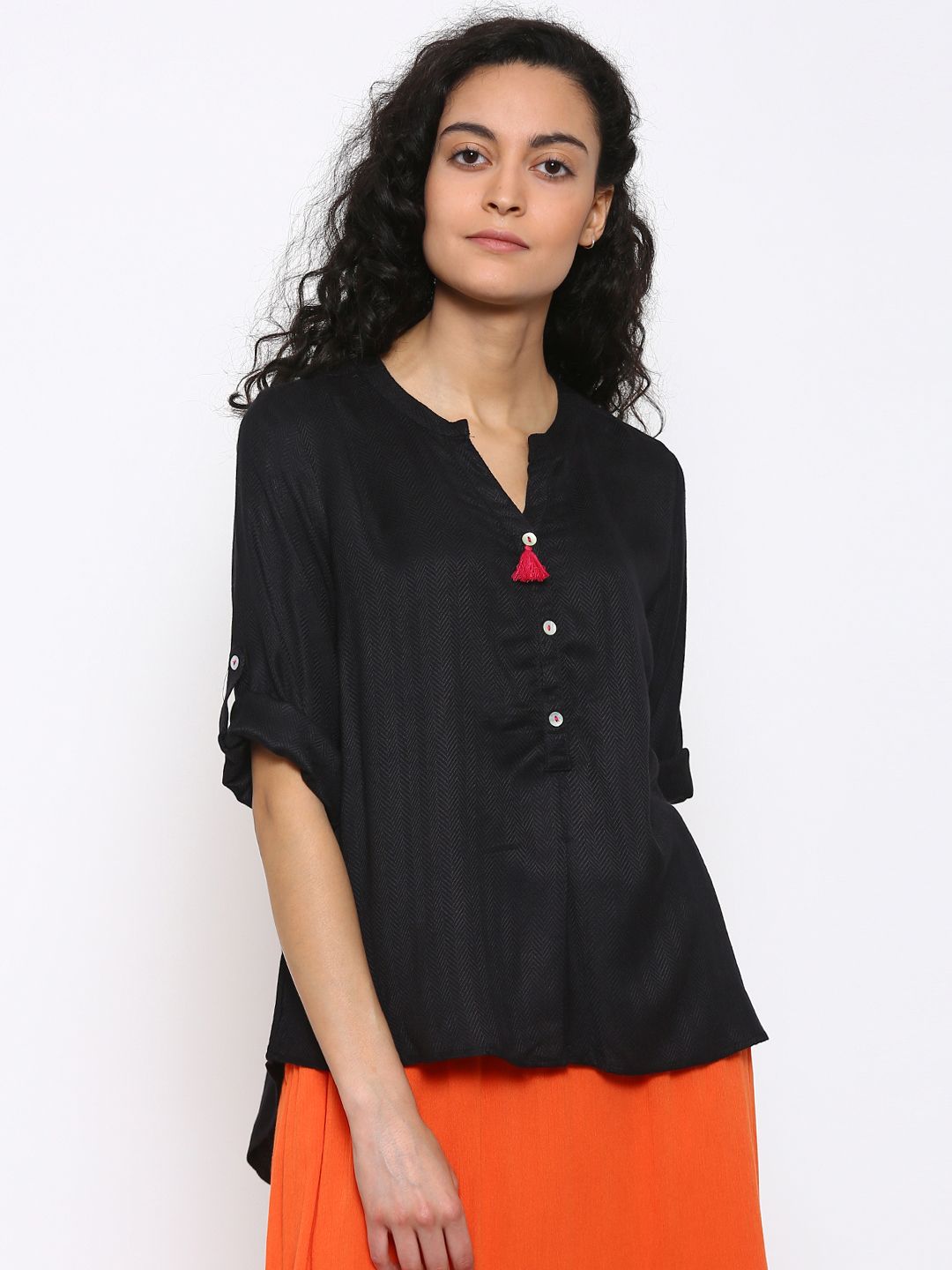 AKKRITI BY PANTALOONS Black Self-Design High-Low Tunic