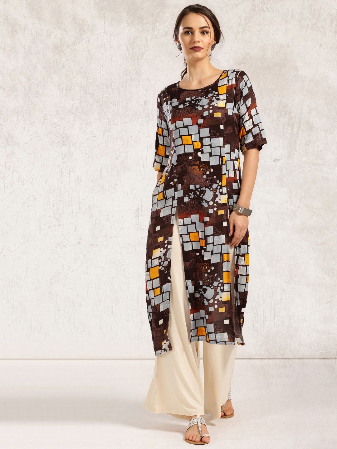 Anouk Women Coffee Brown Printed A-Line Kurta