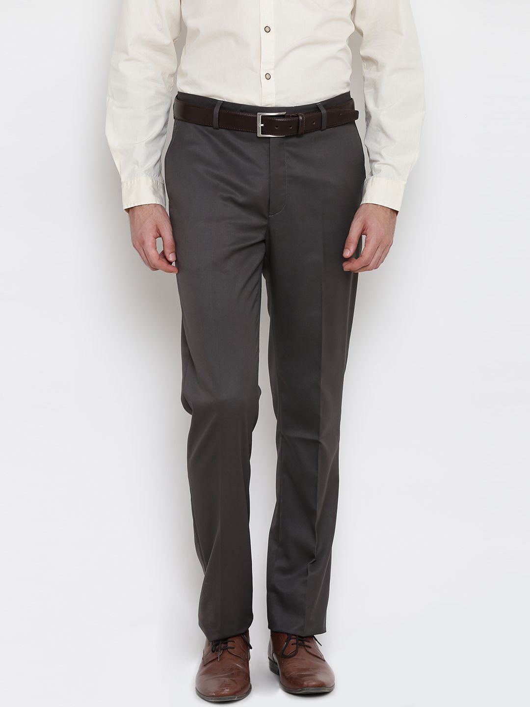 John Players Men Grey Solid Formal Trousers