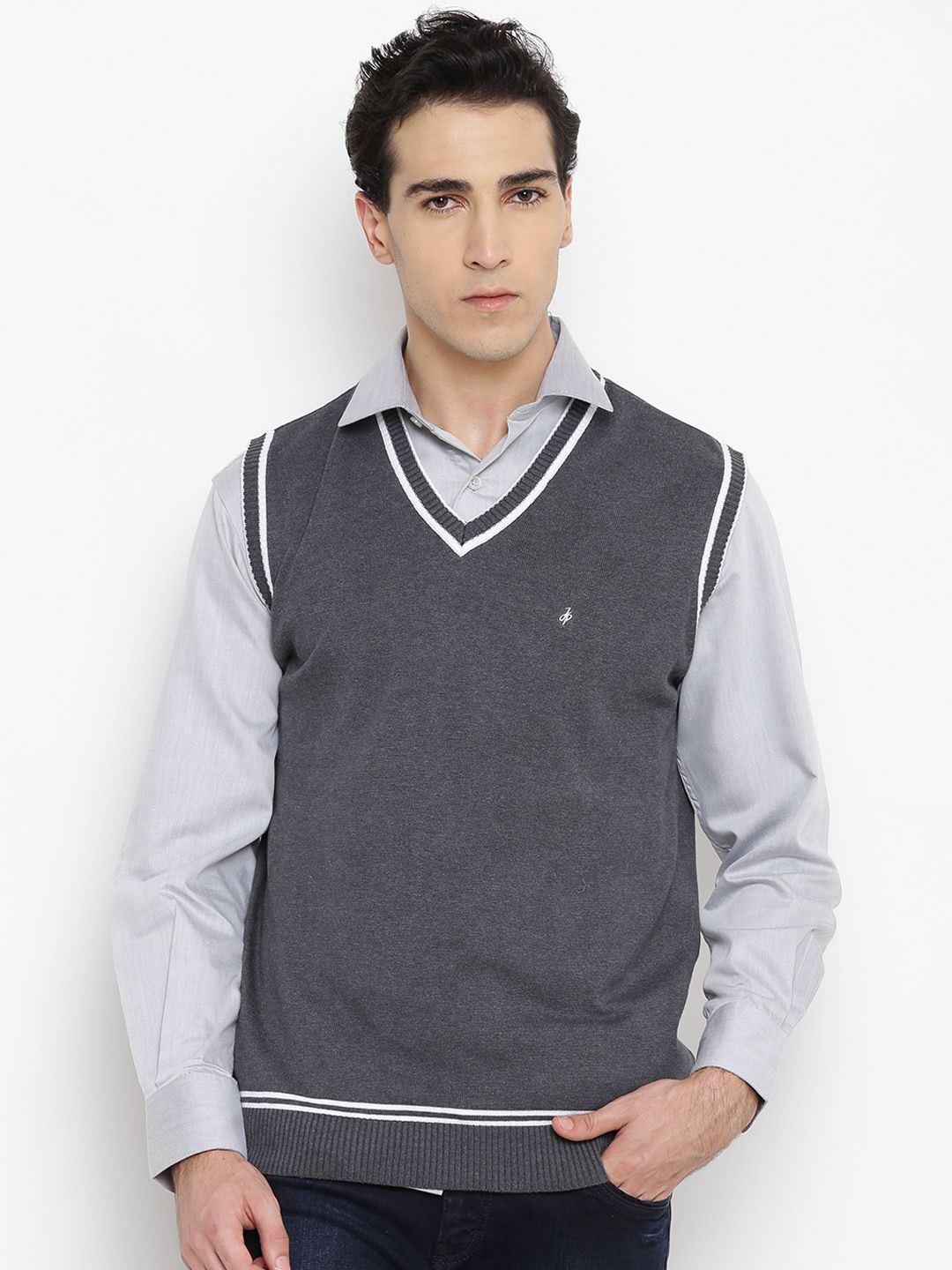 John Players Men Grey Melange Solid Sleeveless Sweater