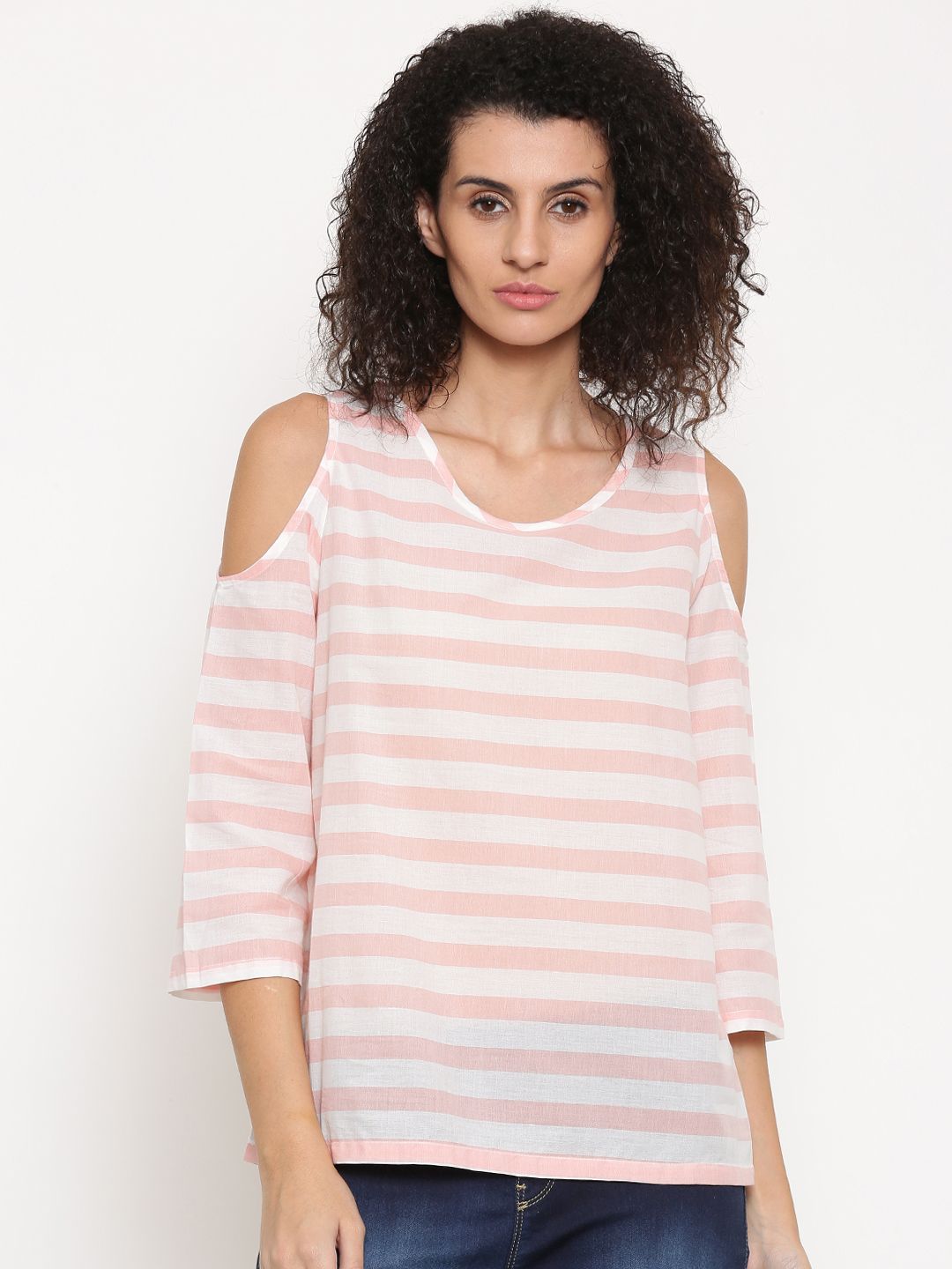 Fame Forever by Lifestyle Women Coral Pink & White Striped Pure Cotton Top