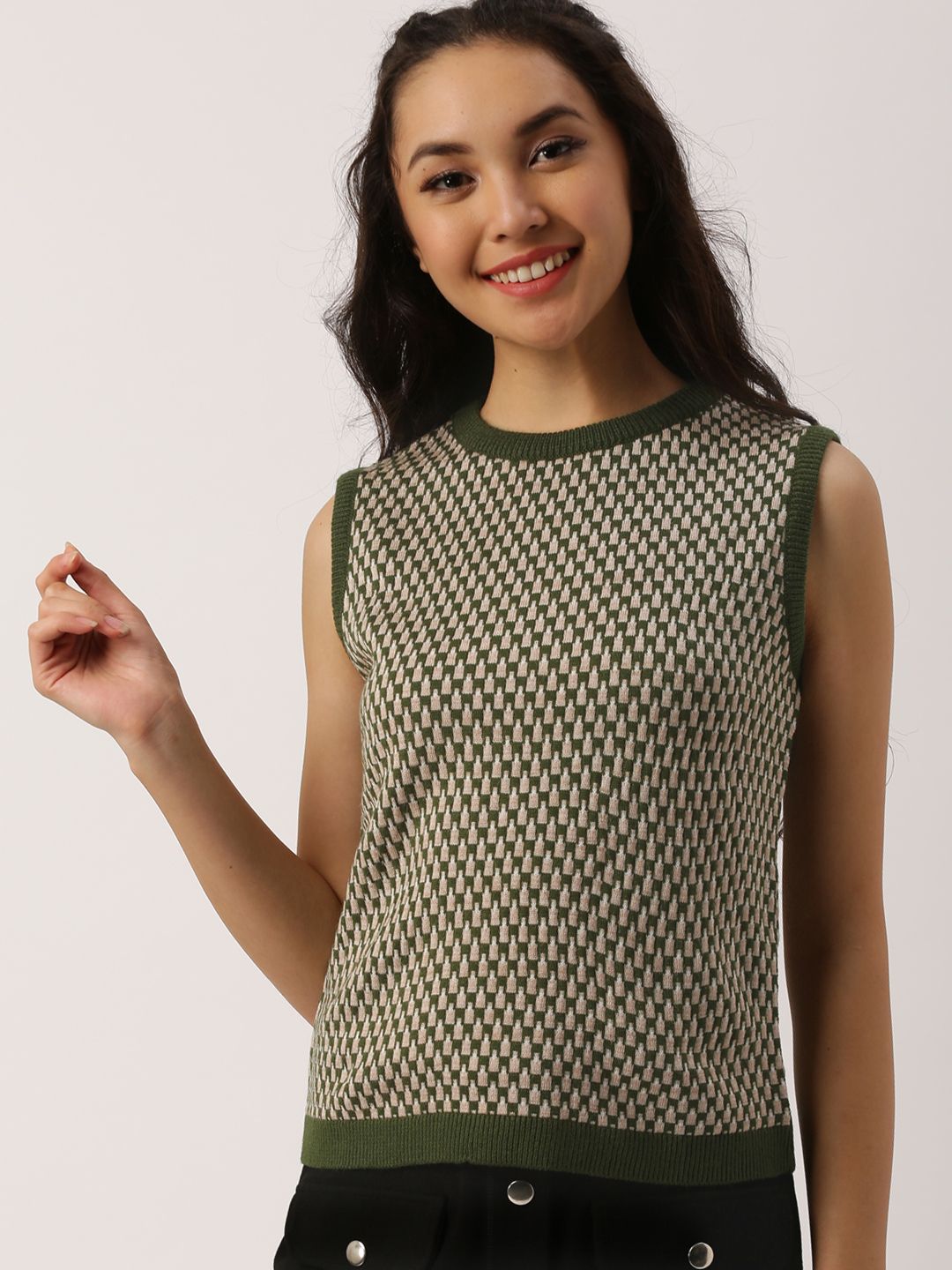 DressBerry Women Green & Beige Self Design Sweater Vest