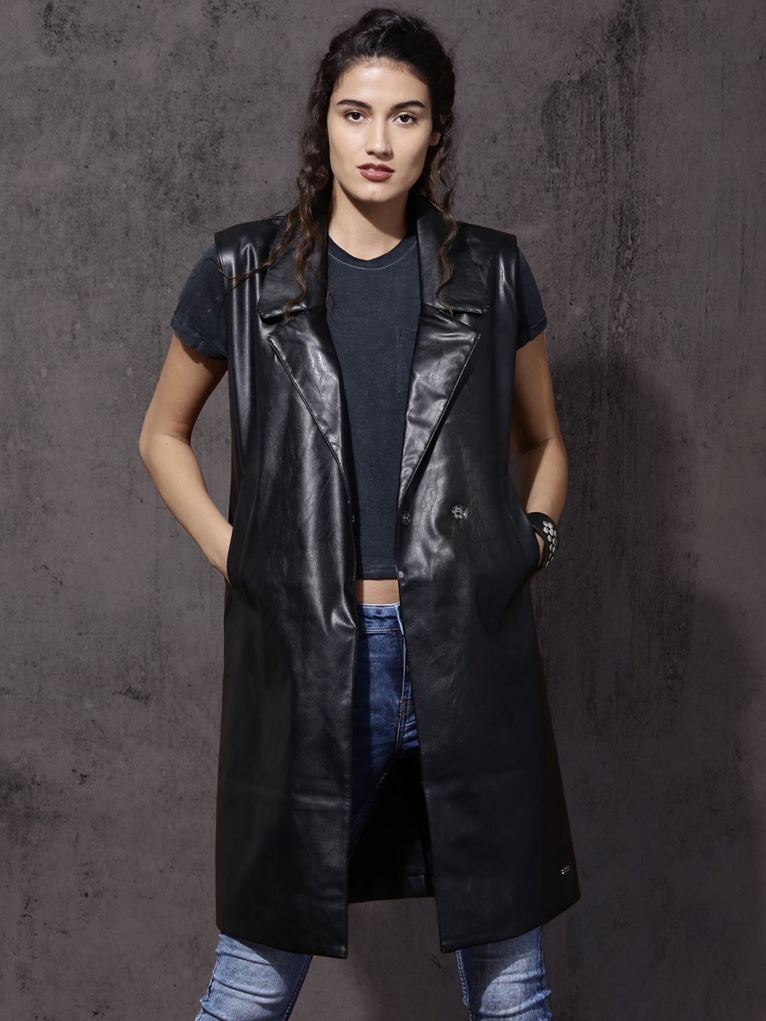 Roadster Women Black Solid Faux Leather Longline Jacket