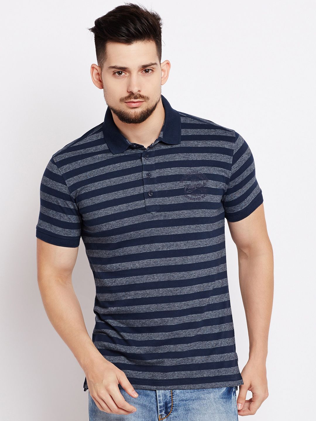John Players Men Blue Slim Striped Polo Collar Pure Cotton T-shirt