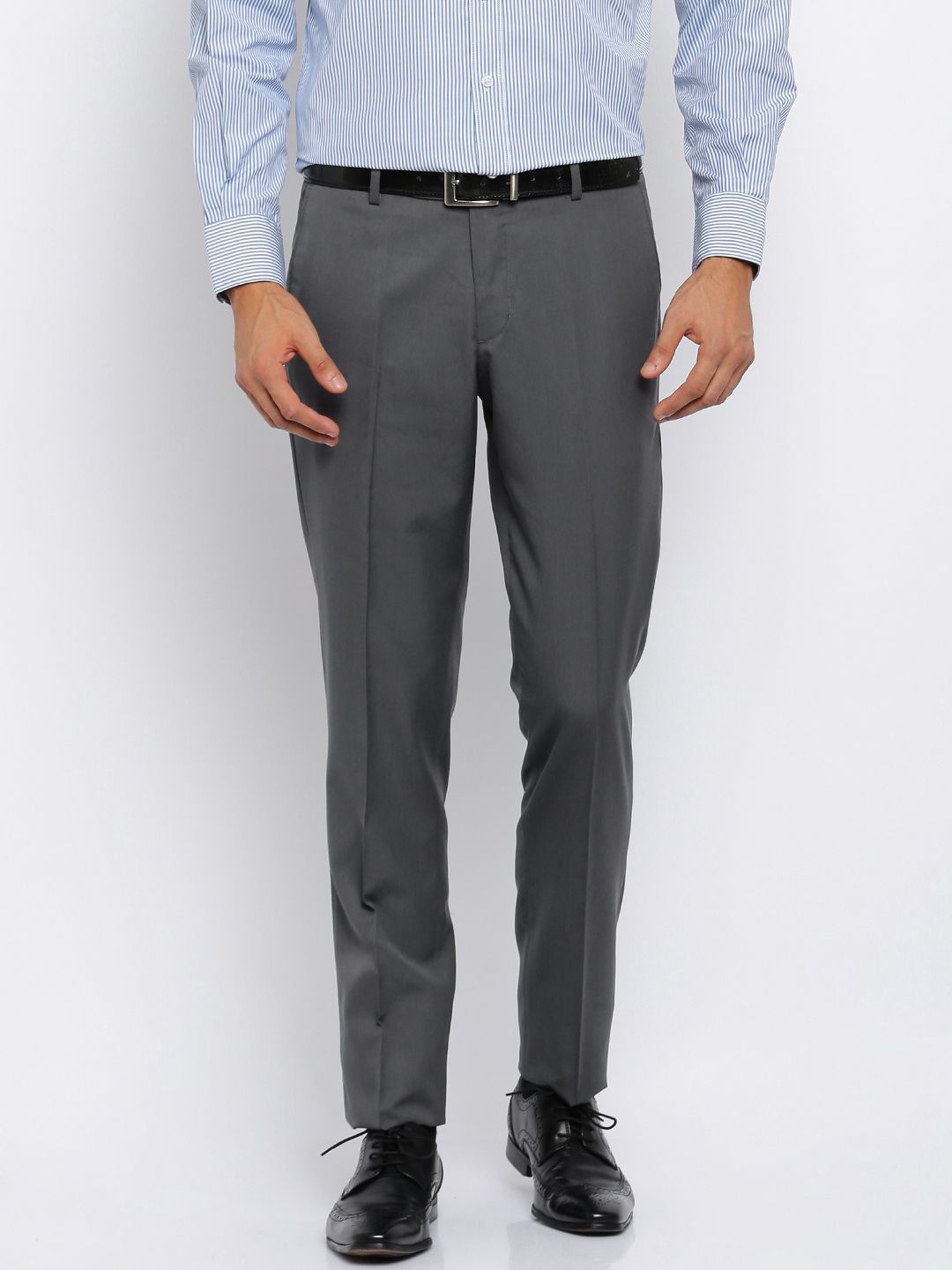John Players Men Grey Solid Slim Fit Flat-Front Trousers