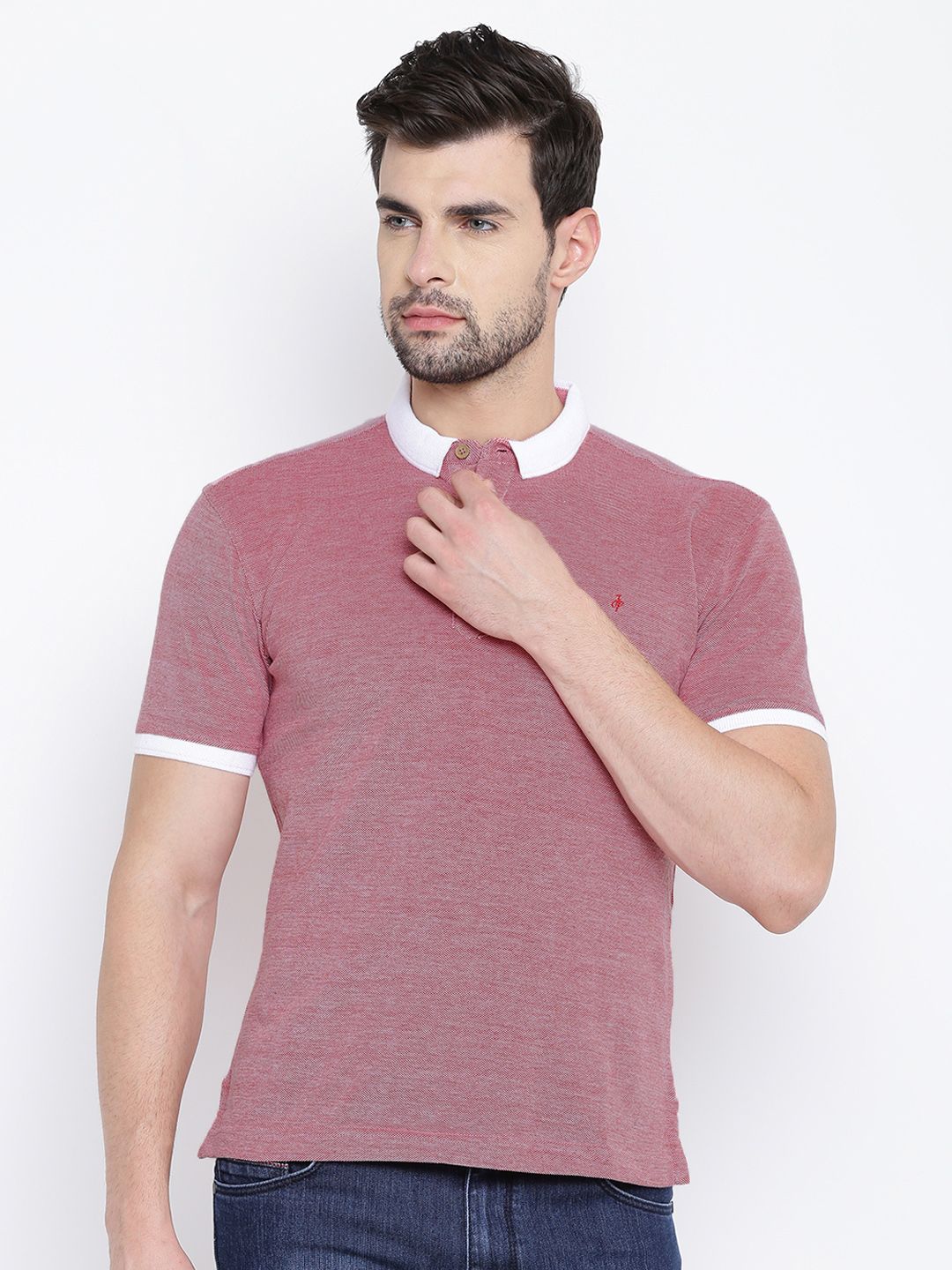 John Players Men Red Solid Polo Collar T-shirt
