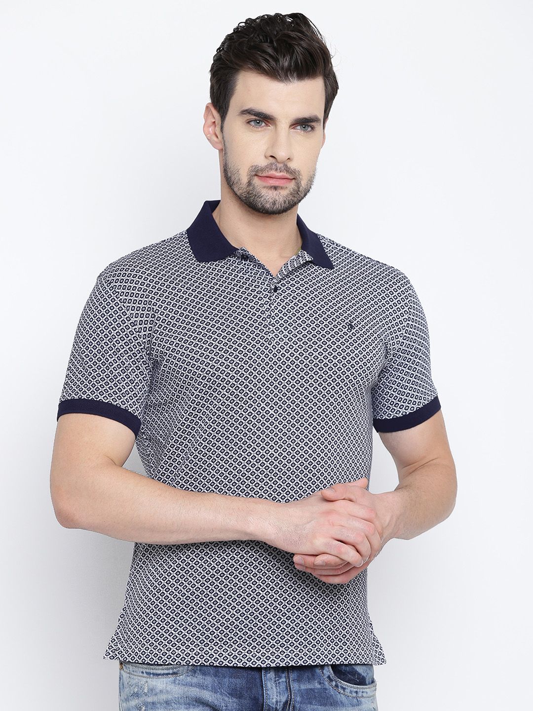 John Players Men Navy & White Printed Polo Collar T-shirt