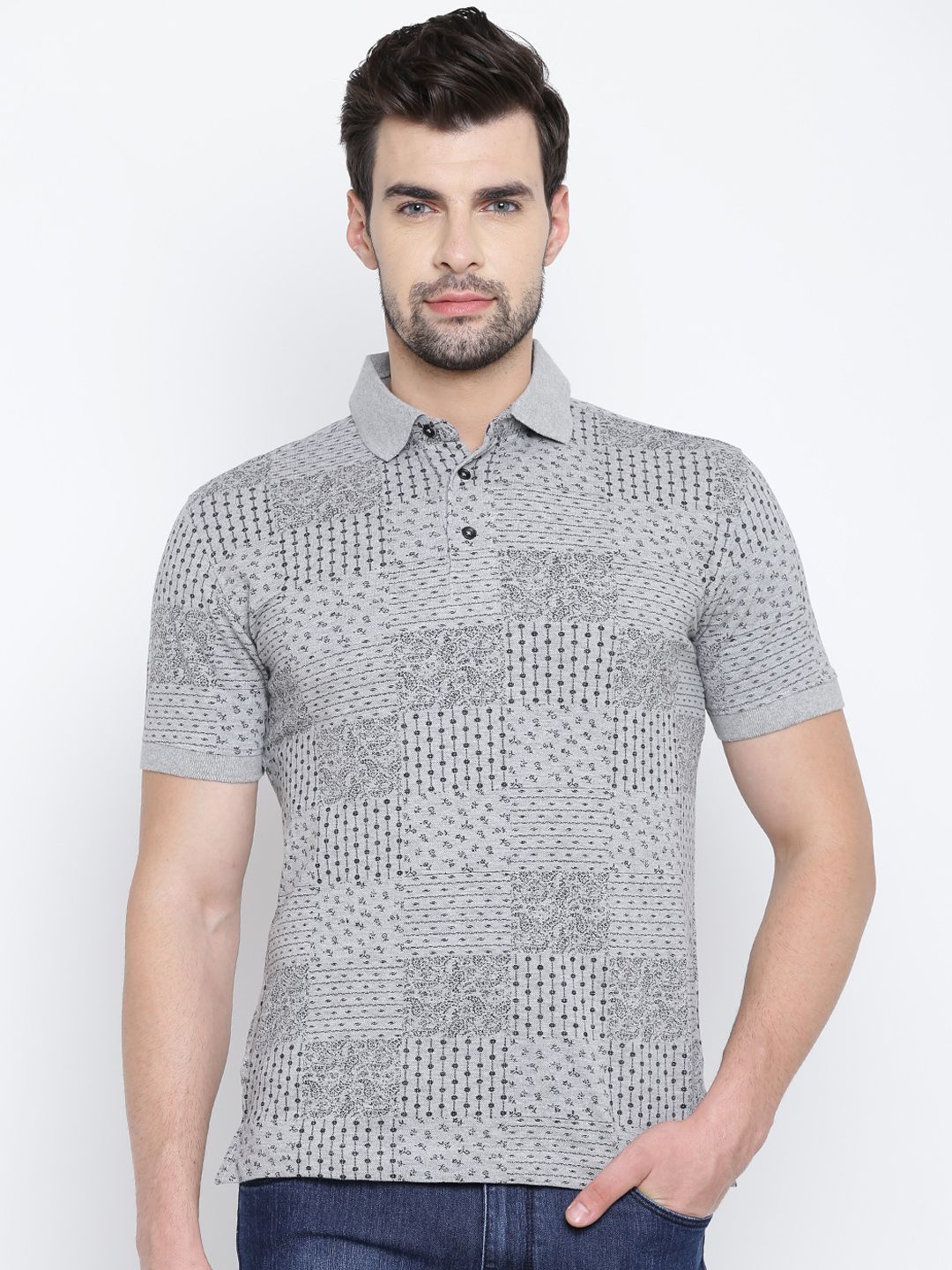 John Players Men Grey Printed Polo Collar T-shirt