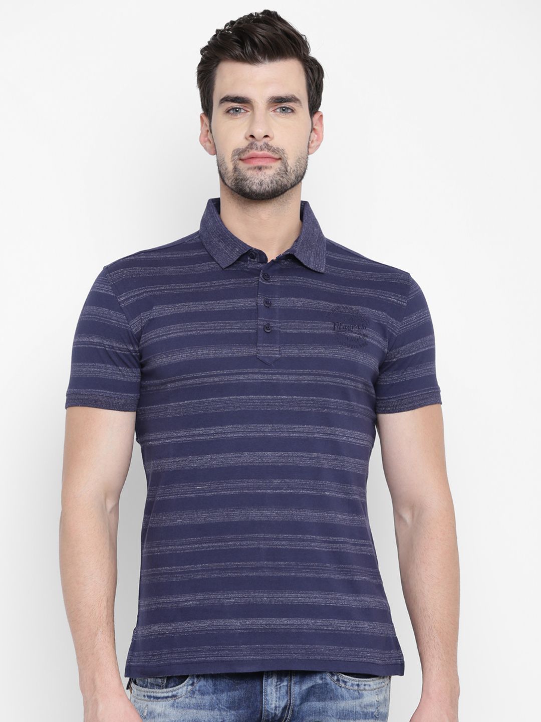 John Players Men Navy Striped Polo Collar T-shirt