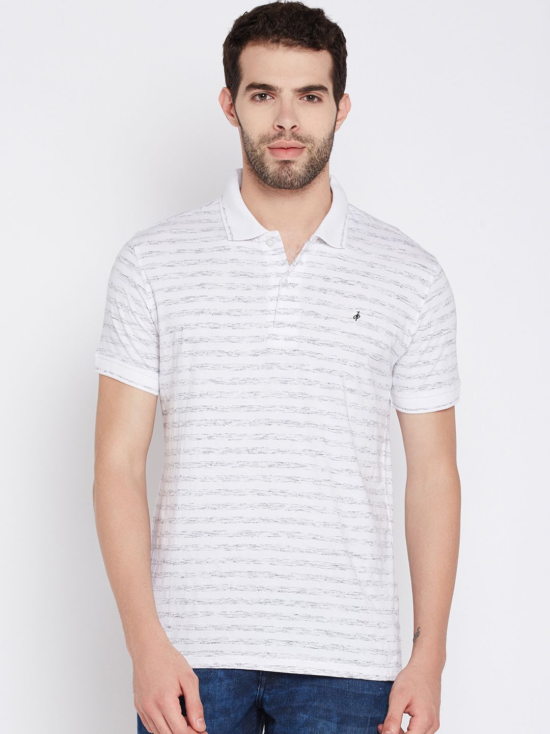 John Players Men White Striped Slim Fit Polo Collar T-shirt