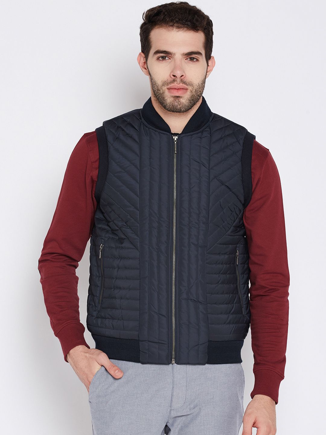 Wills Lifestyle Men Navy Solid Sleeveless Bomber Jacket