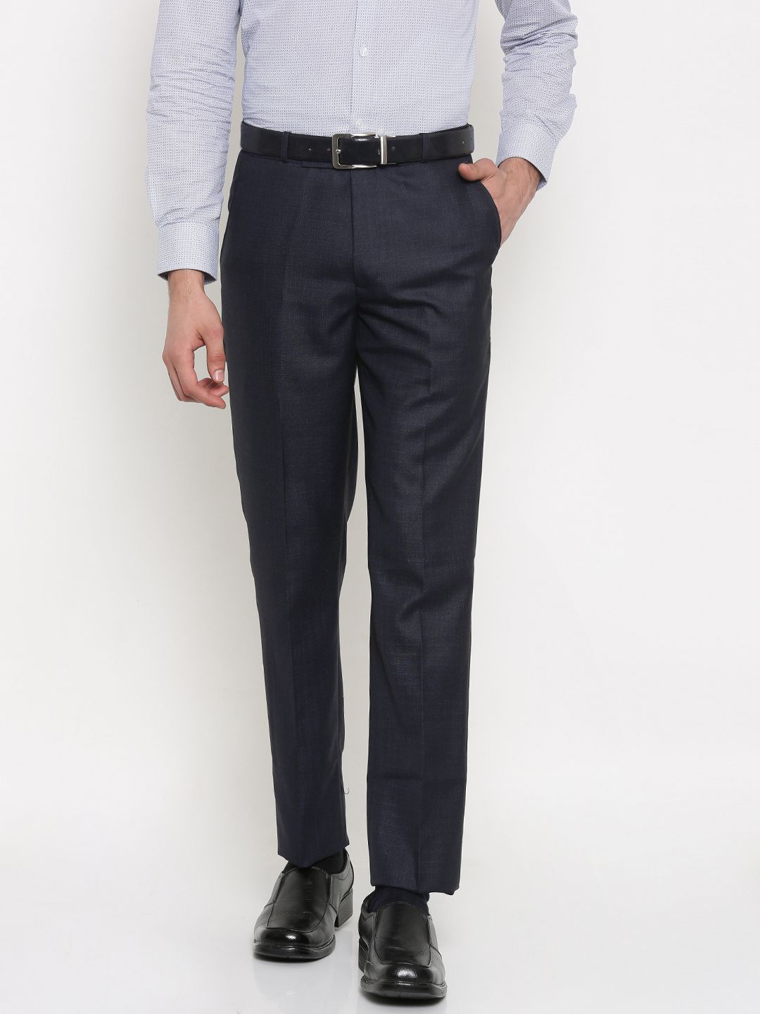 Independence Men Navy Slim Fit Self-Checked Formal Trousers