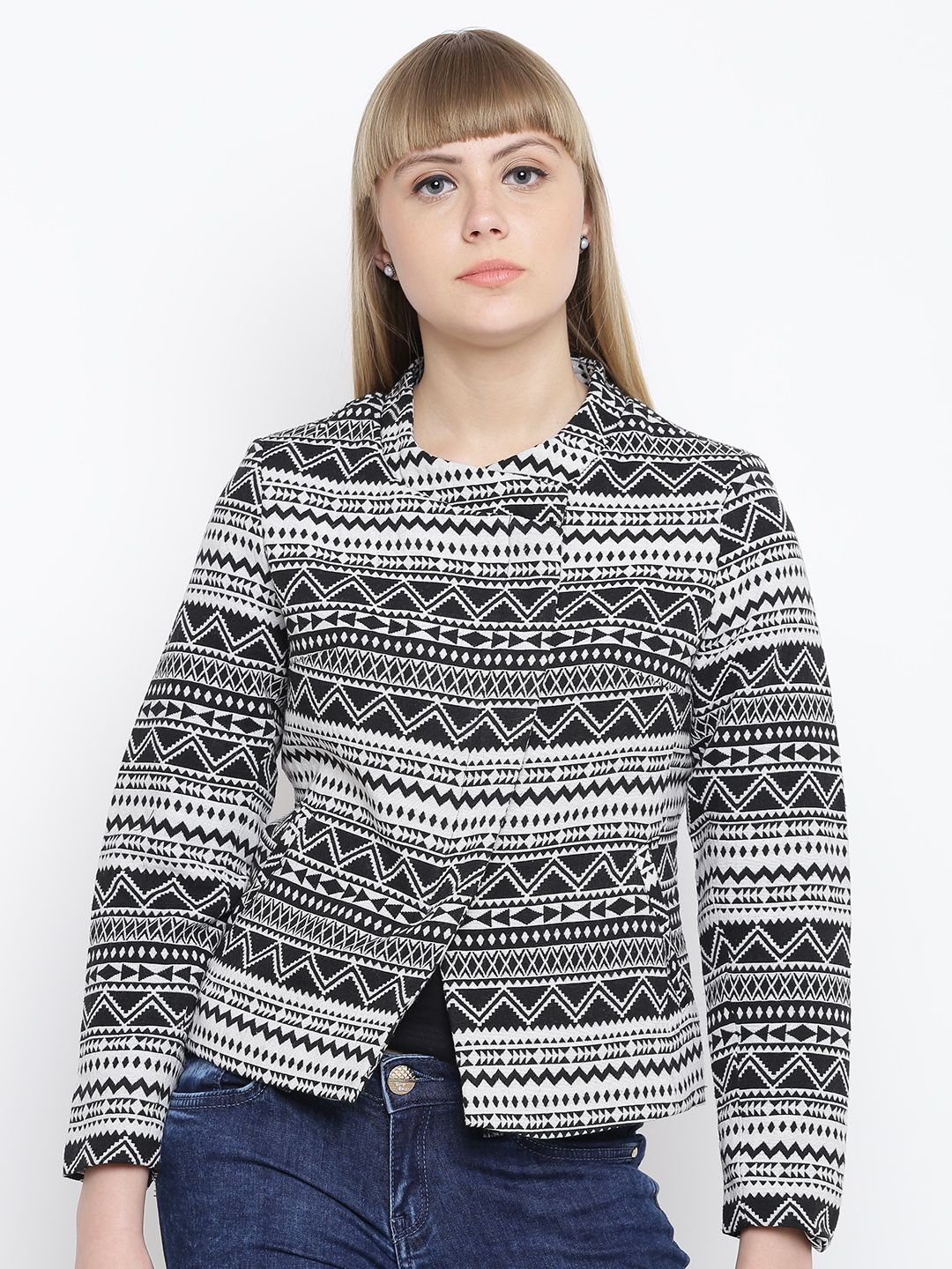 Wills Lifestyle Women Black & Off-White Printed Collarless Tailored Jacket