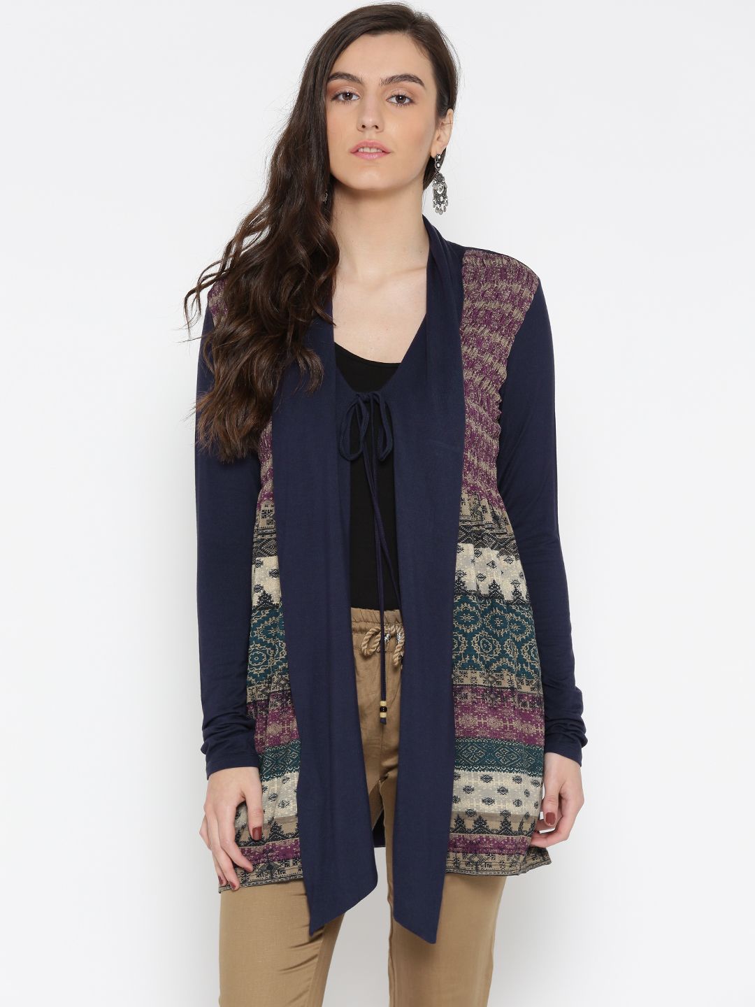 Wills Lifestyle Navy & Beige Printed Longline Shrug