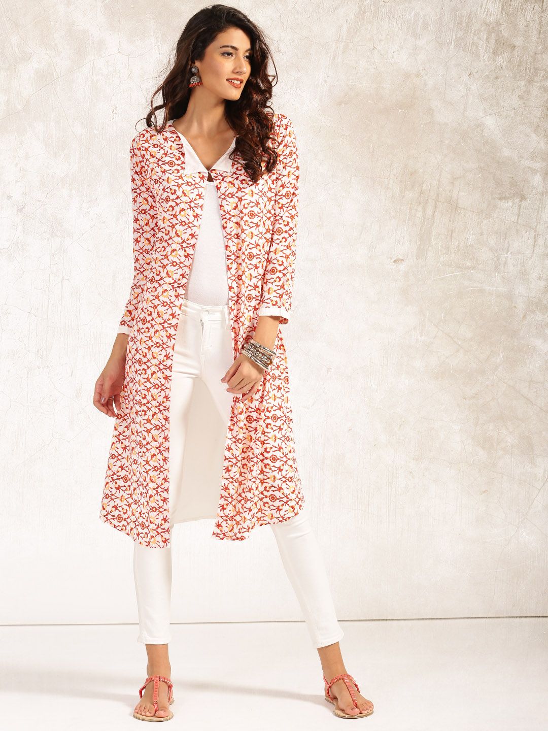 Anouk Women Orange & White Printed Longline Shrug